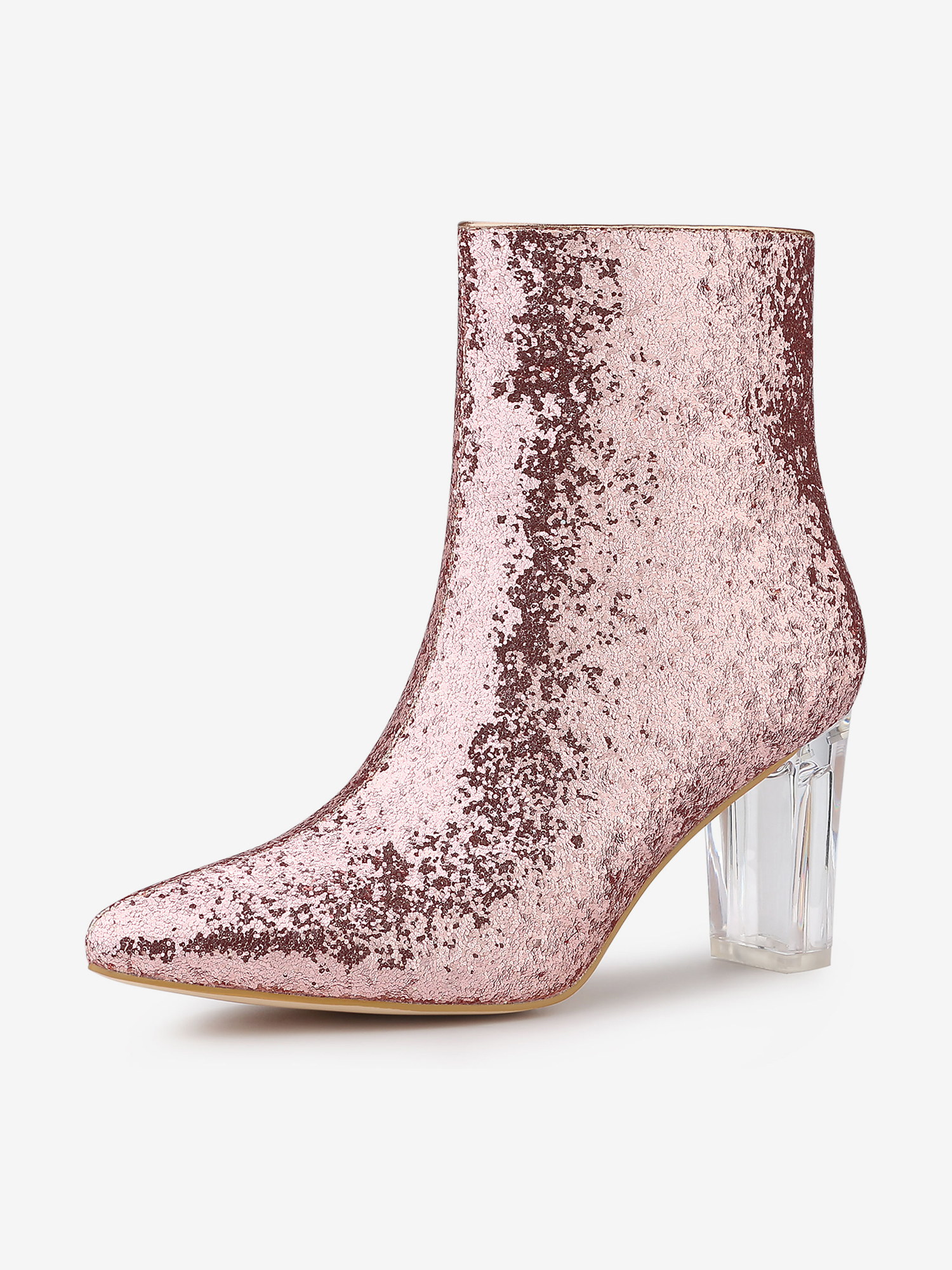 Pointed Toe Clear Block Heel Glitter Ankle Boots Rose Gold/9