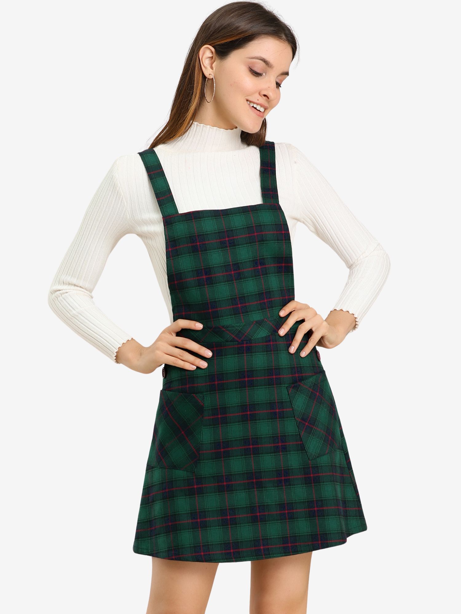Plaid Tartan Button Decor A-Line Pinafore Overall Dress Green/L