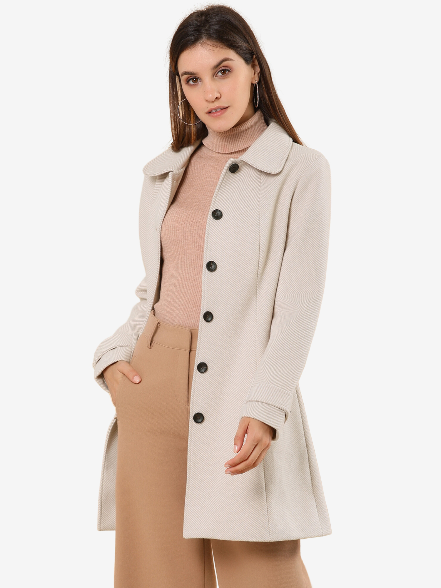 Peter Pan Collar Single Breasted Overcoat Winter Pea Coat Beige/L