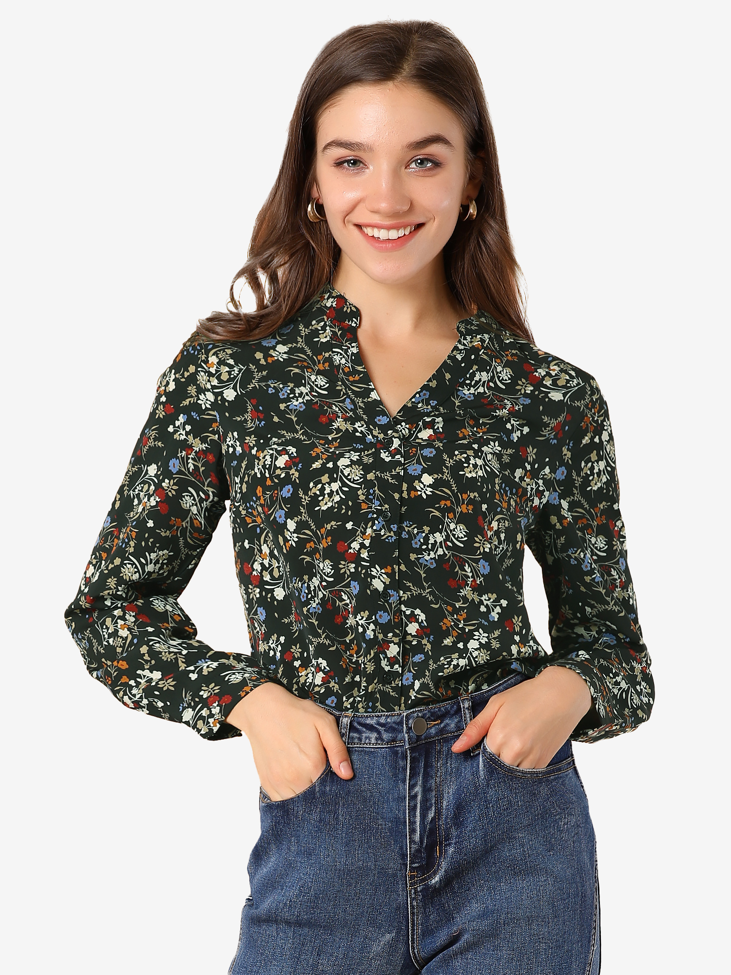 Chiffon Floral Tops V Neck Long Sleeve Button-Up Blouse Shirt Black/M