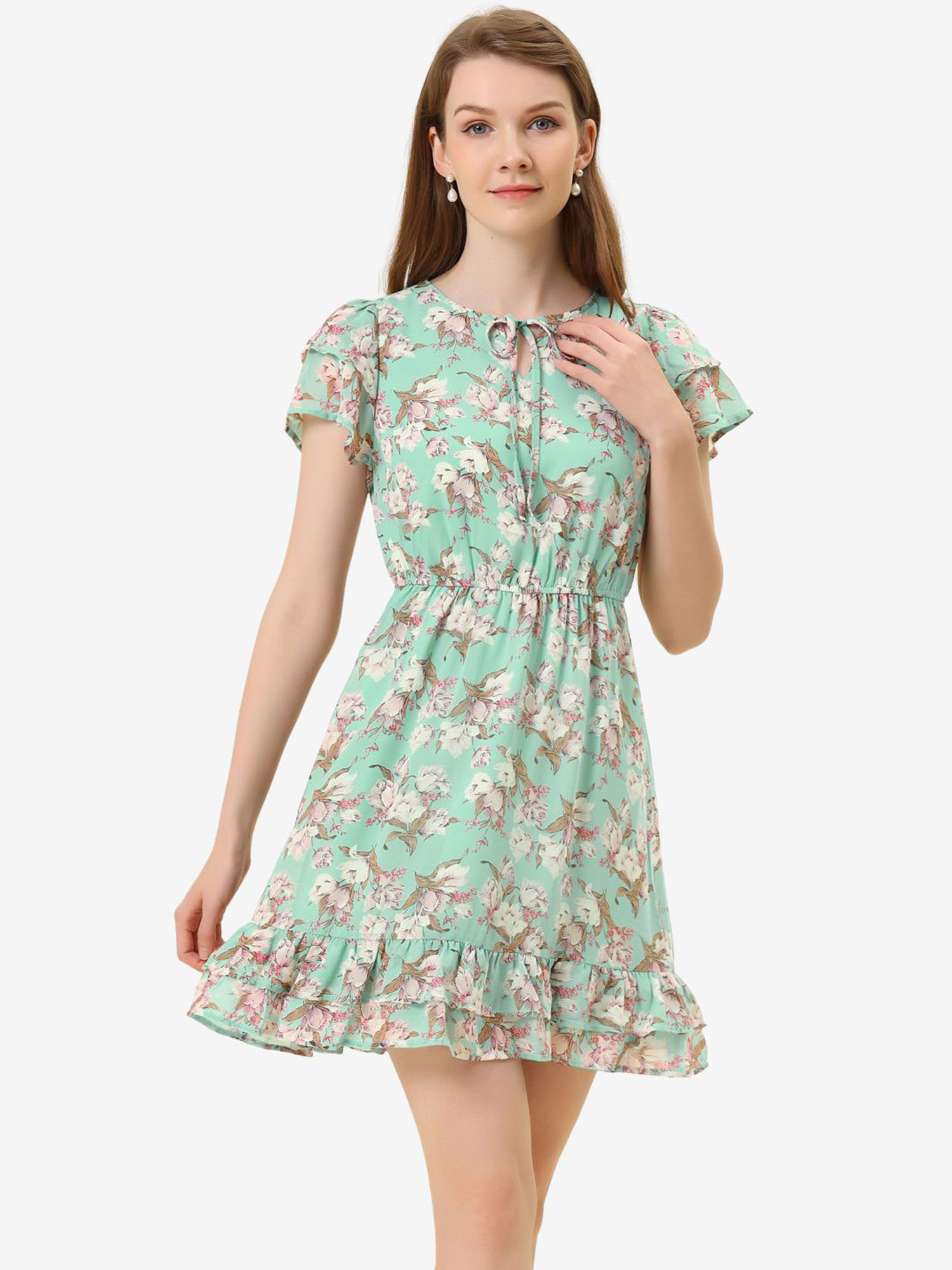 Ruffle Sleeve V Neck Above Knee A-Line Floral Chiffon Dress Green/XL