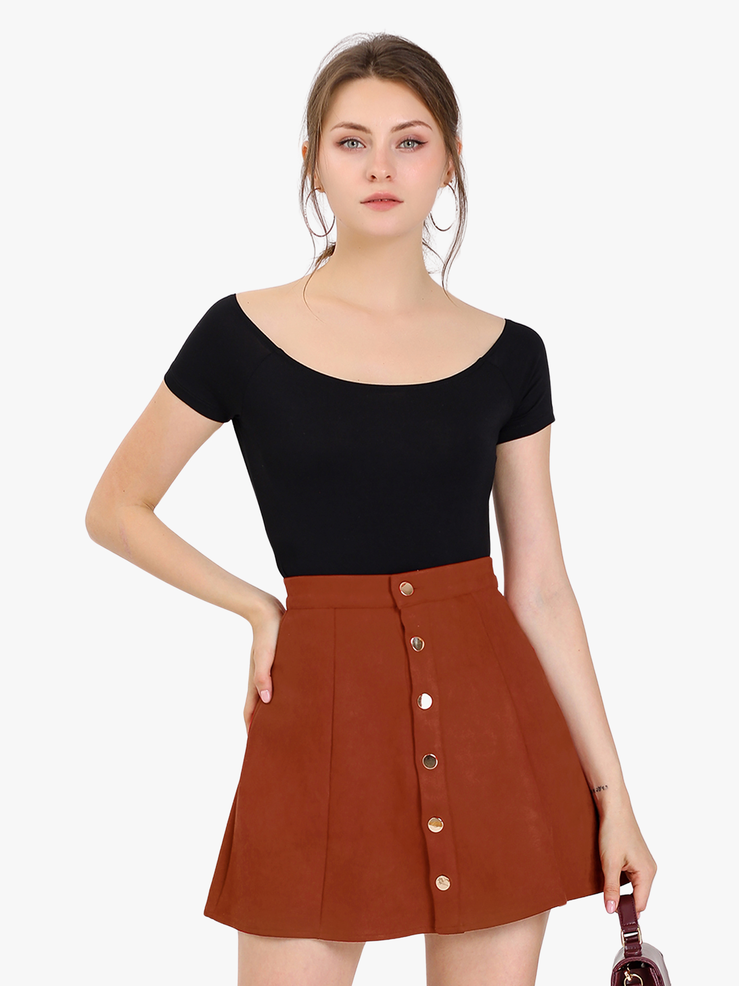 Faux Suede Button Closure A-Line High Waisted Short Skirt Caramel/M