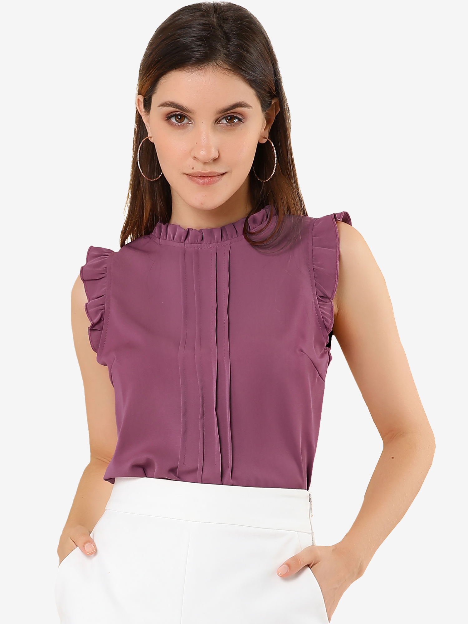 Business Office 1950s Ruffled Retro Sleeveless Work Blouses Dark Purple/S