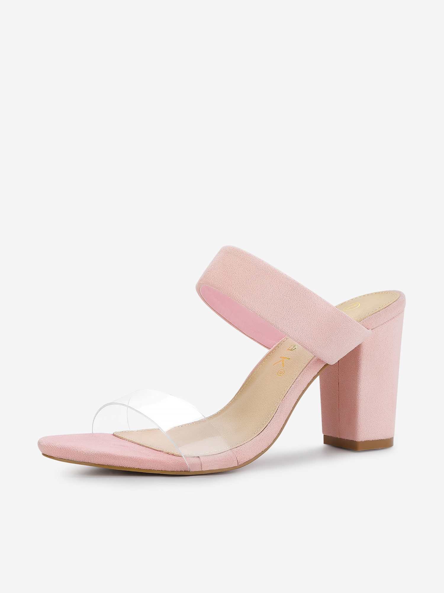 Open Toe Dual Clear Strap Block Heel Slides Mules Sandals Pink/7