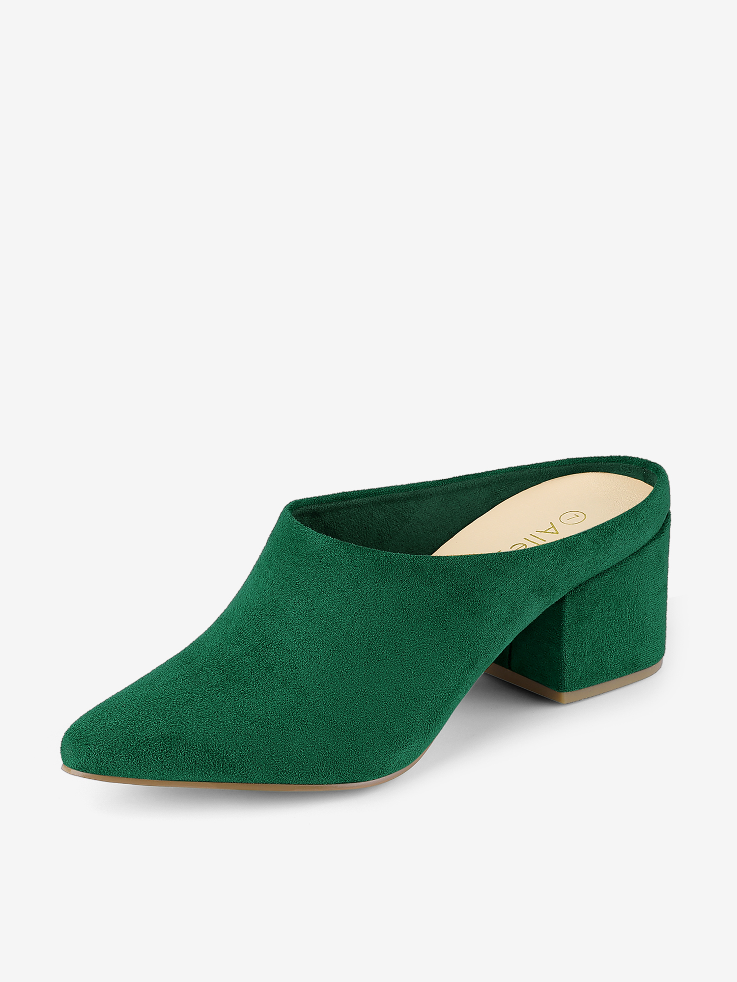 Faux Suede Pointed Toe Slip On Block Heel Slide Mules Green/9.5