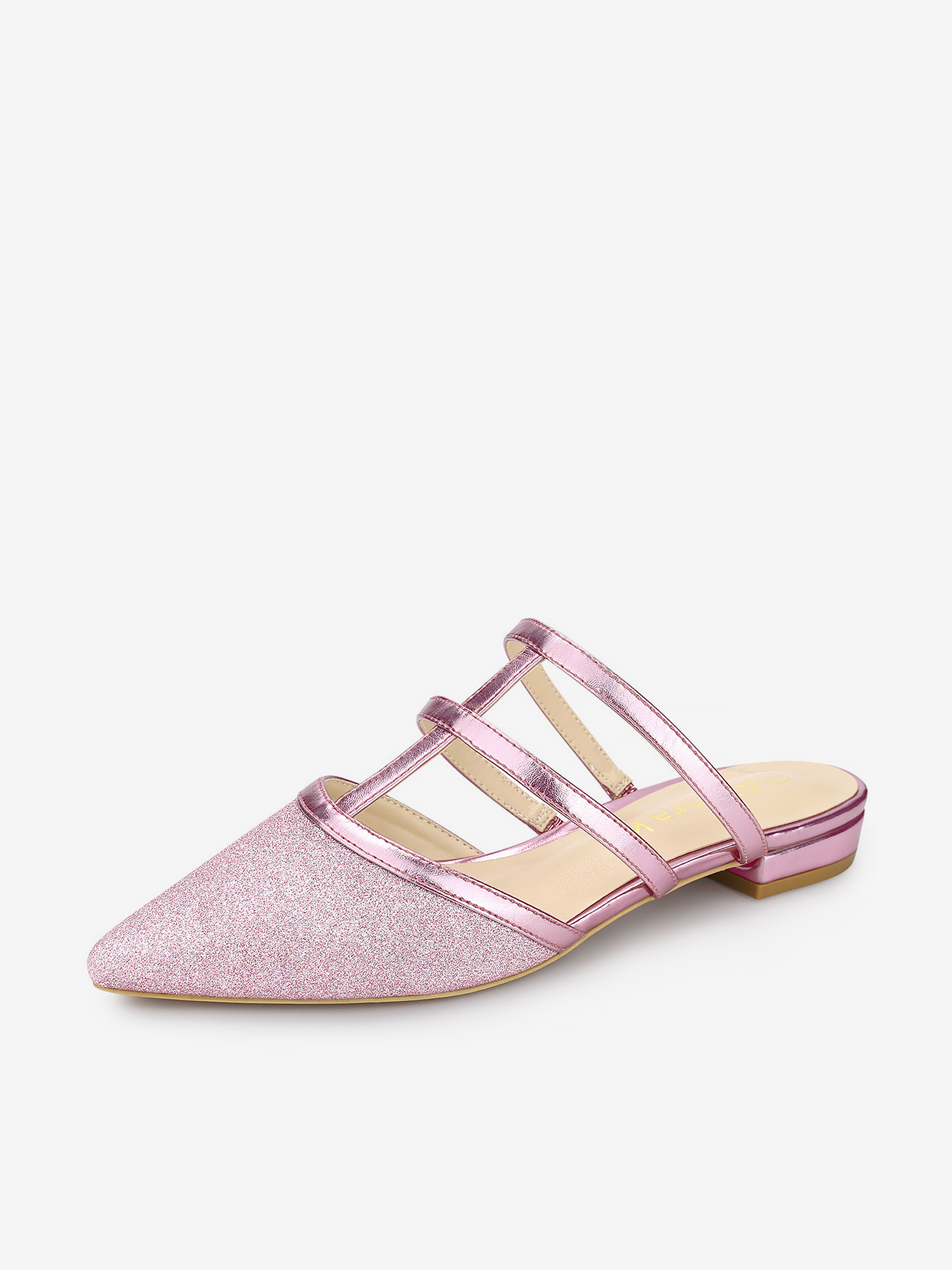 Glitter Pointed Toe T Strap Slip On Flats Mules Pink/7.5