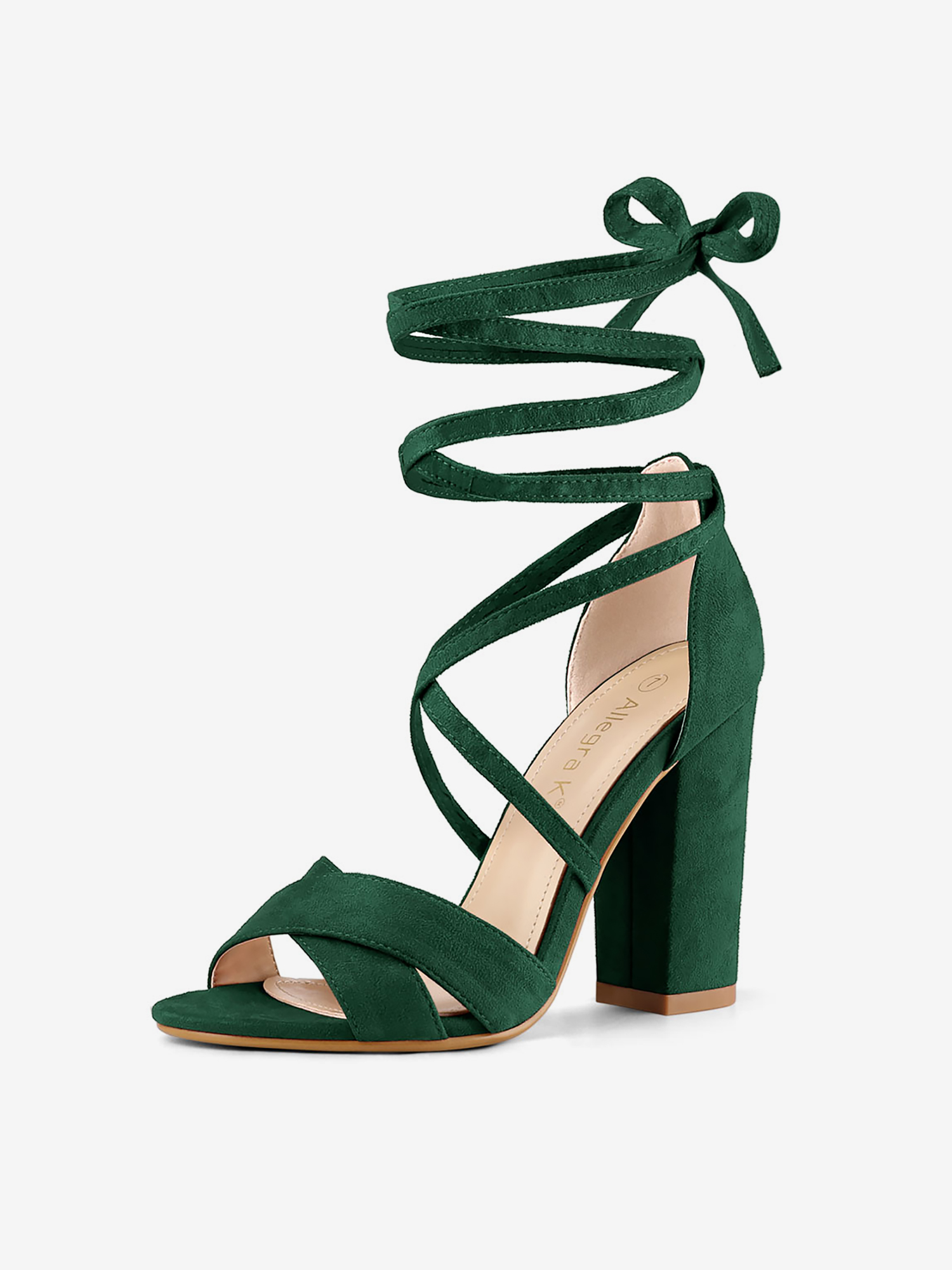 Faux Suede Crisscross Front Block Heel Lace Up Sandals Green/9