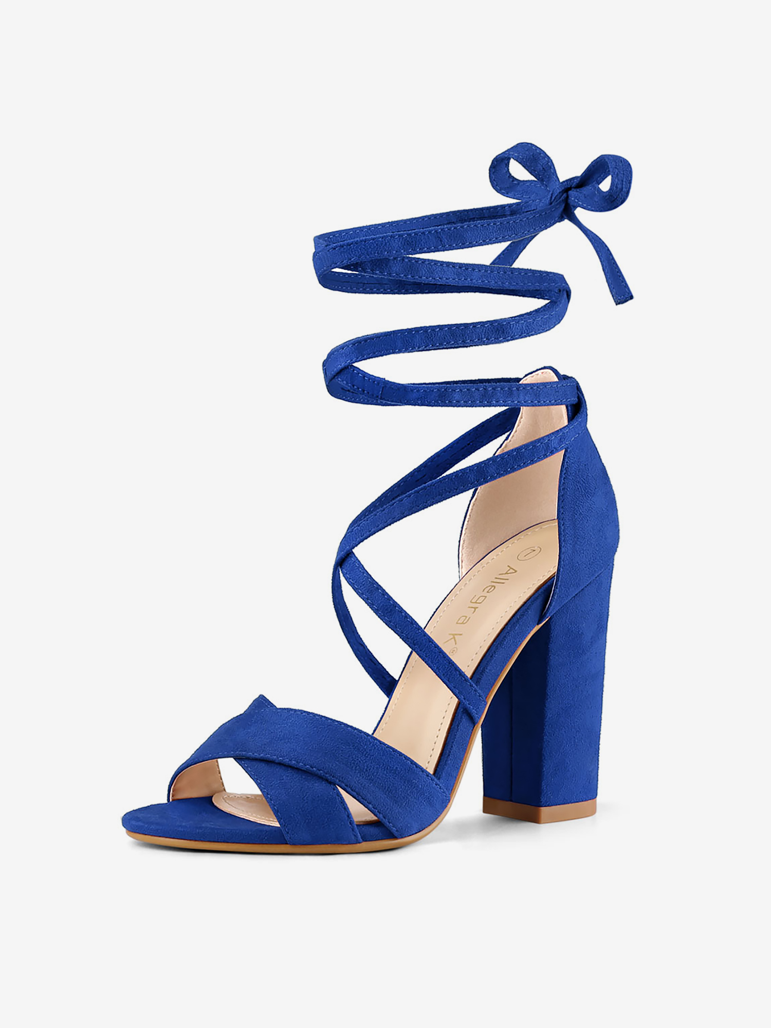 Faux Suede Crisscross Front Block Heel Lace Up Sandals Deep Blue/6.5