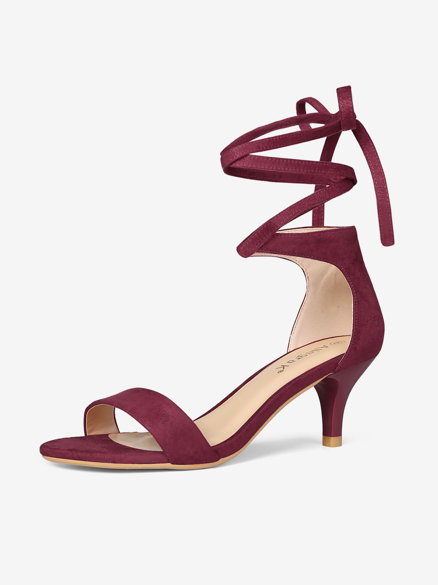 Faux Suede Open Toe Kitten Heel Lace Up Sandals Burgundy/10
