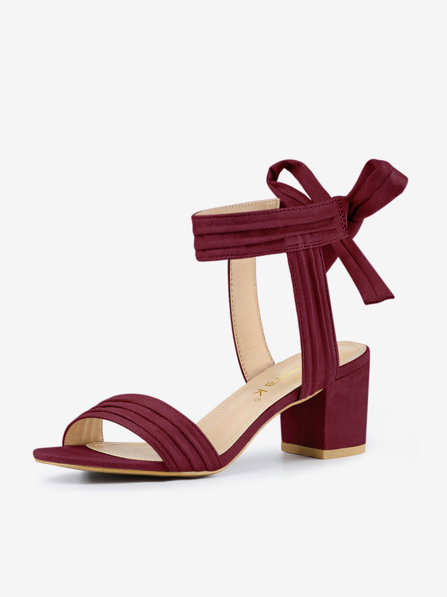 Open Toe Ankle Tie Back Block Heel Sandals Burgundy/8