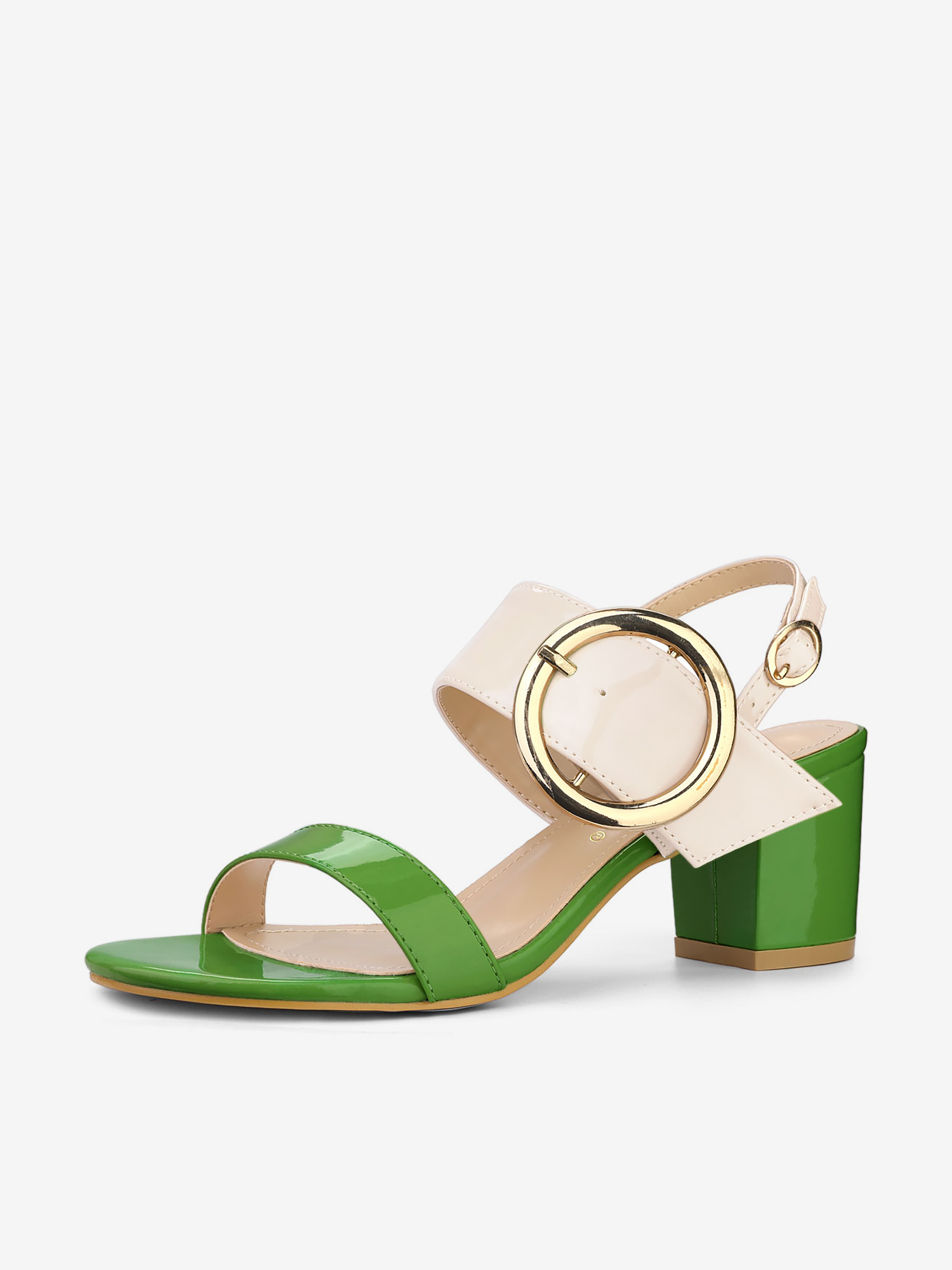 Dual Straps Buckle Decor Slingback Block High Heel Sandals Green Beige/7