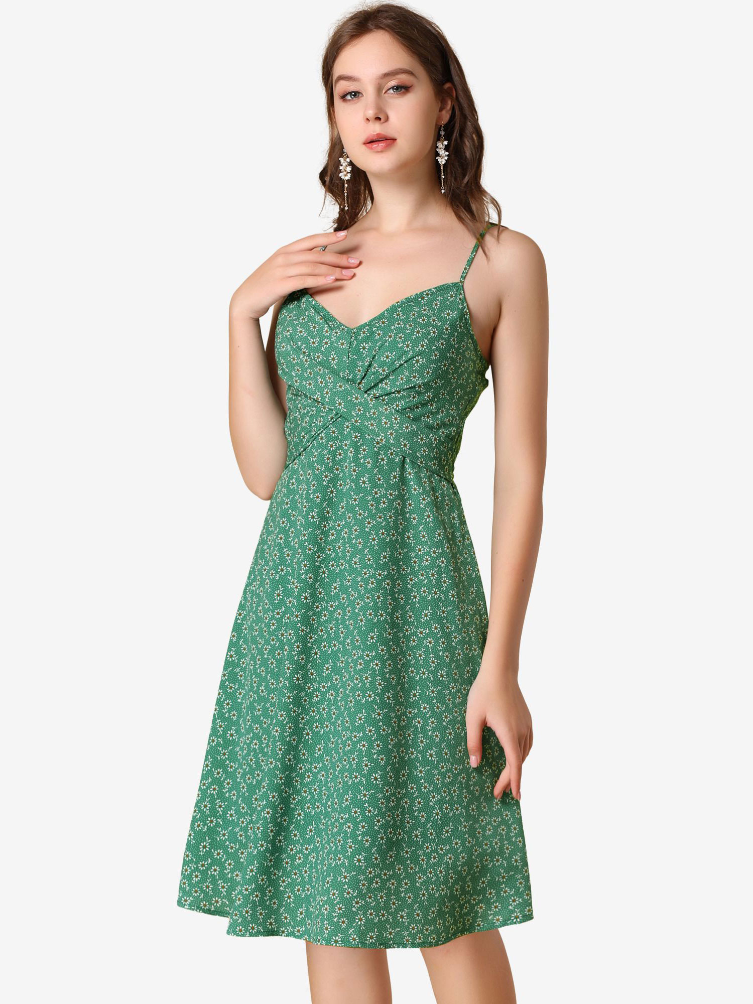 Floral Twist Front Knee Length Summer Adjustable Strap Dress Green/XS