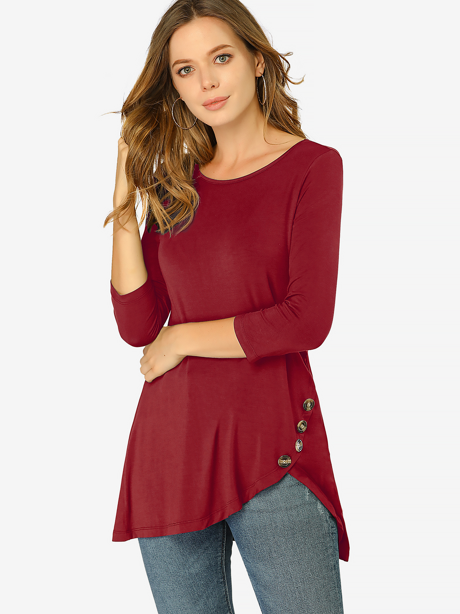3/4 Sleeve Round Neck Button Decor Casual Stretchy Tunic Tops Burgundy/L