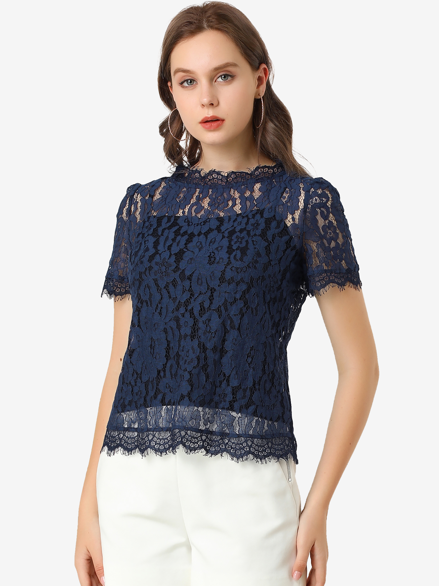 Lace Floral Scalloped Trim Short Sleeve Semi Sheer Blouse Navy Blue/M