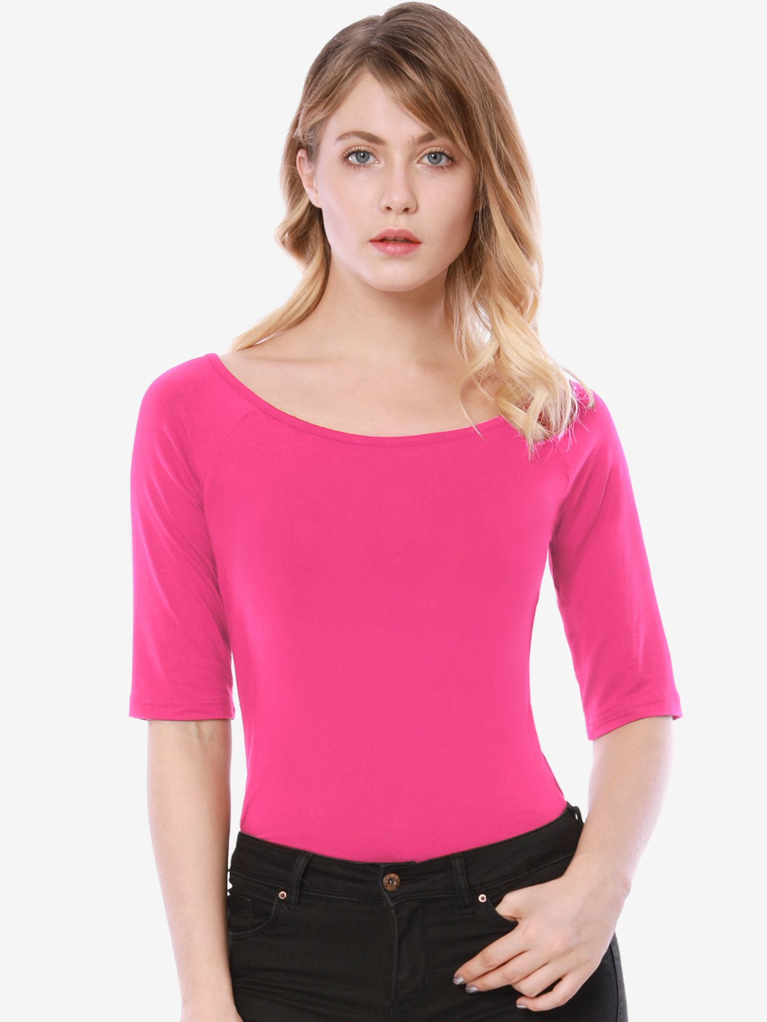 Scoop Neck Half Sleeves Fitted Layering Soft T-Shirt Hot Pink/S