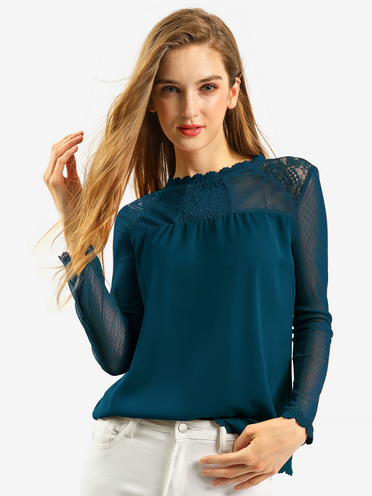 Lace Mesh Long Sleeve Top Round Neck Casual Elegant Blouse Dark Blue/S