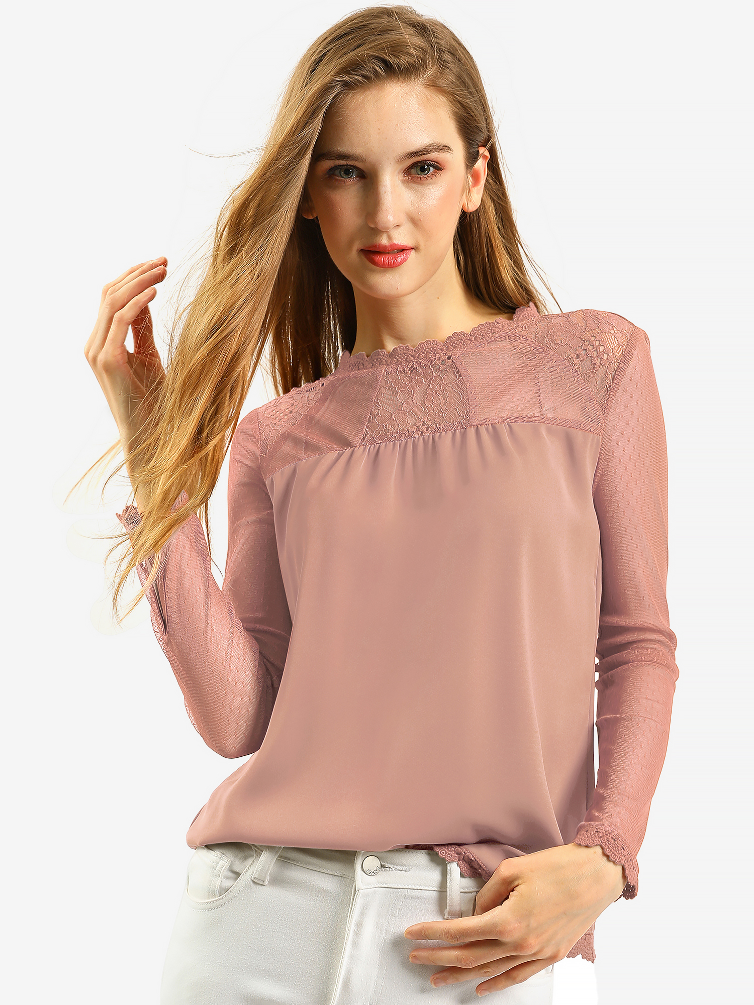 Lace Mesh Long Sleeve Round Neck Casual Elegant Blouse Dark Pink/L