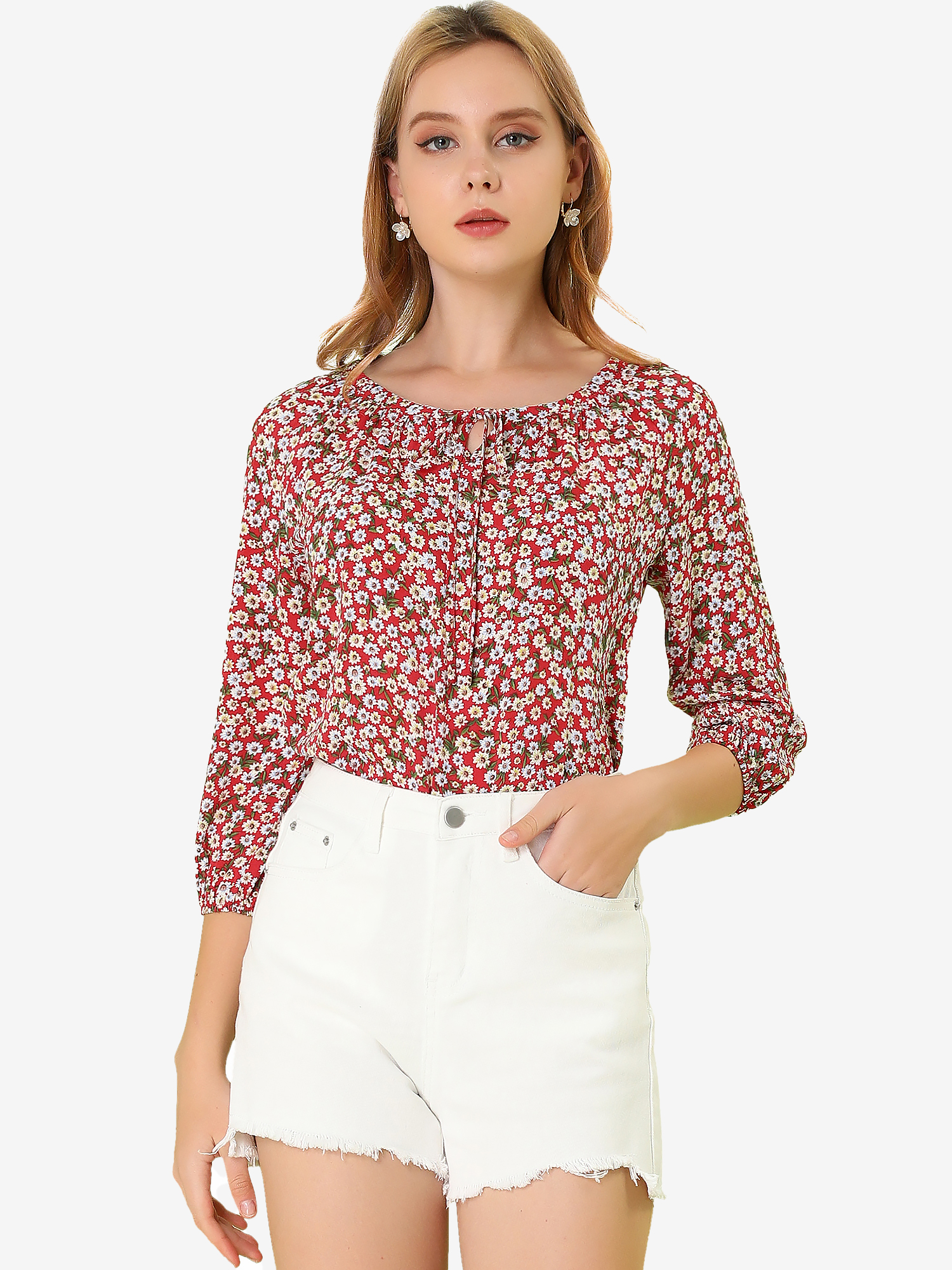 Bow Tie Neck 3/4 Raglan Sleeve Floral Blouse Tops Red/XS