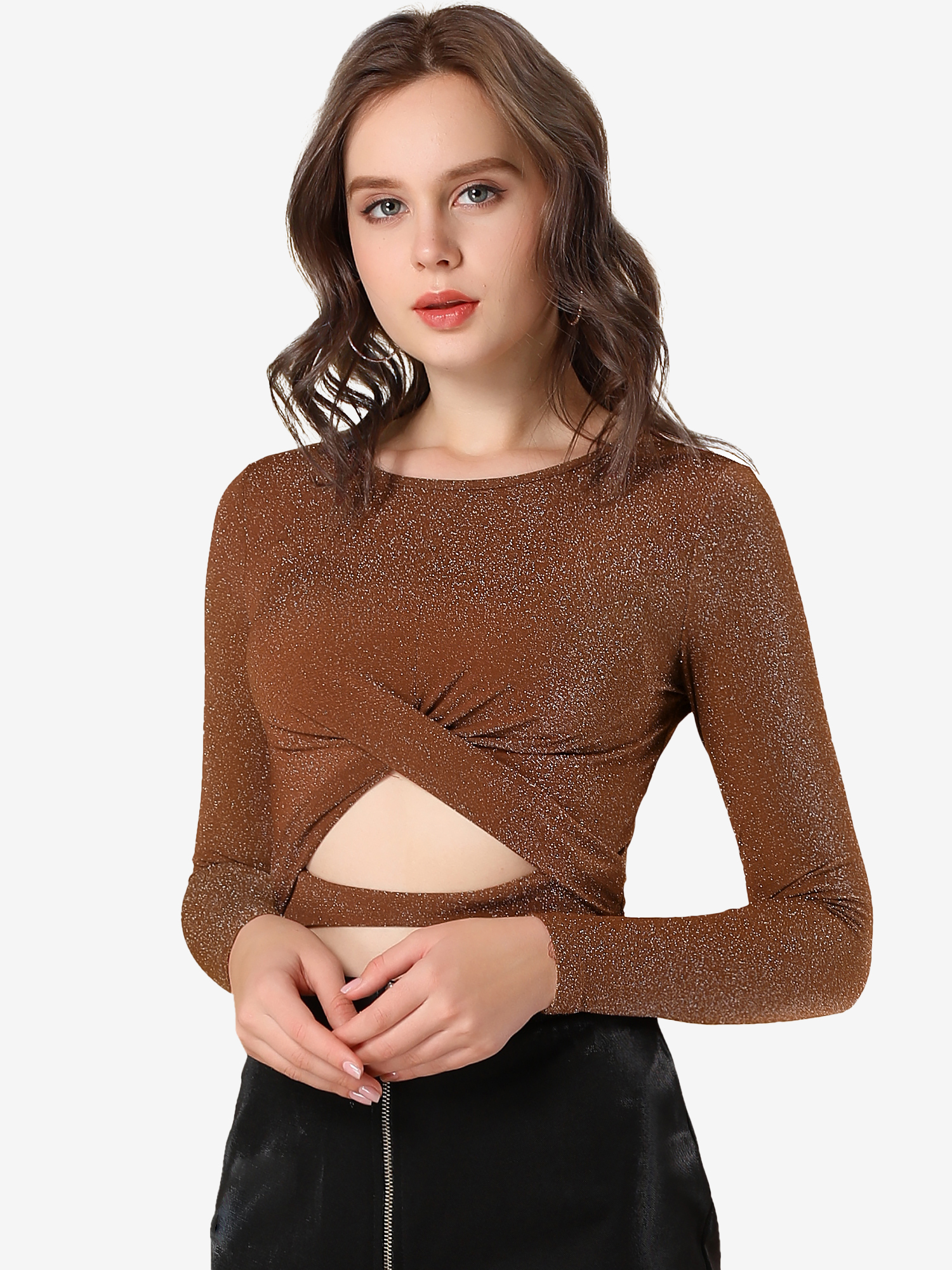 Glitter Twist Long Sleeve Cut Out Sparkle Crop Tops Brown/XS