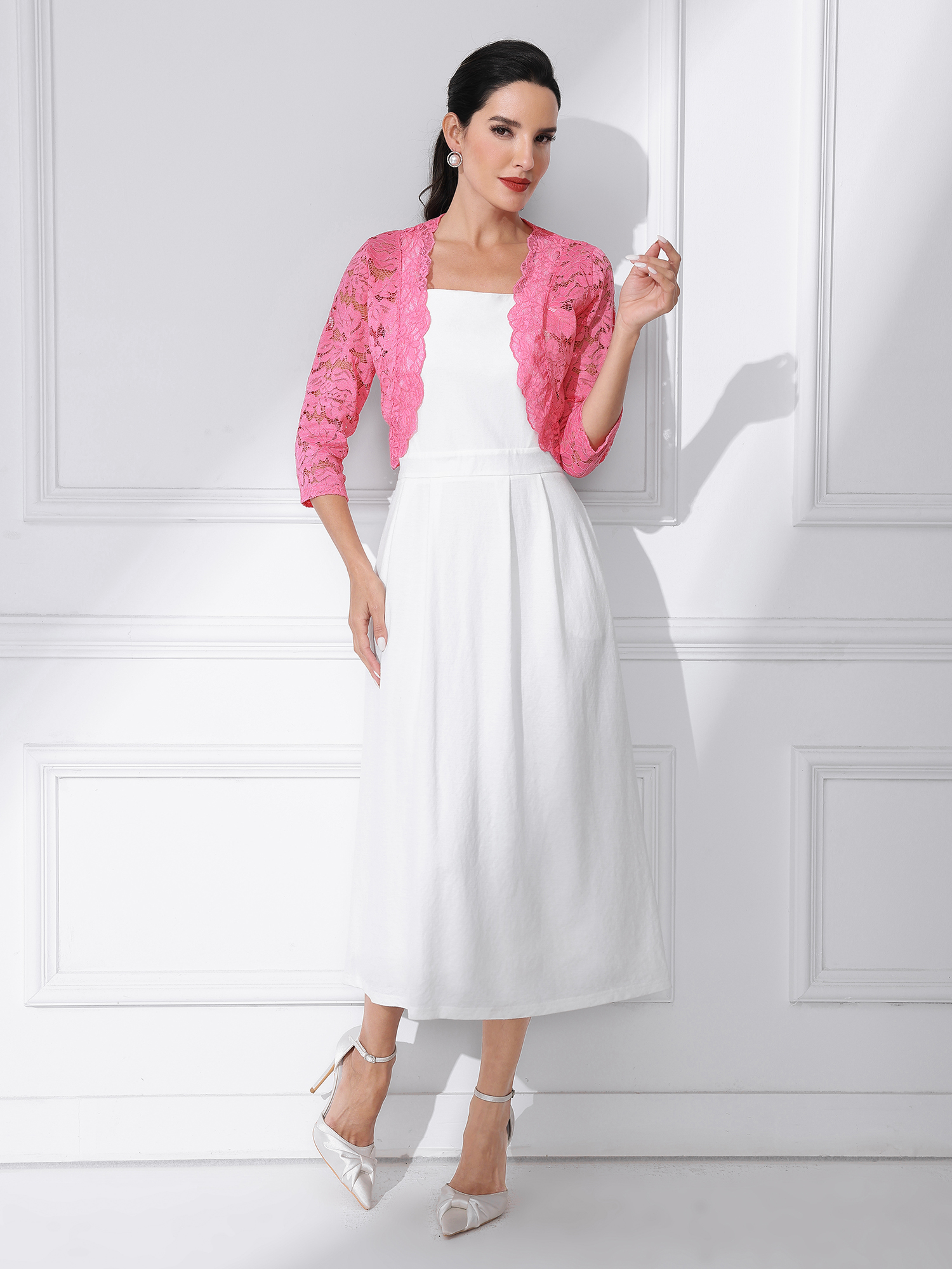 Sheer Floral Elegant 3/4 Sleeve Lace Shrug Pink/L