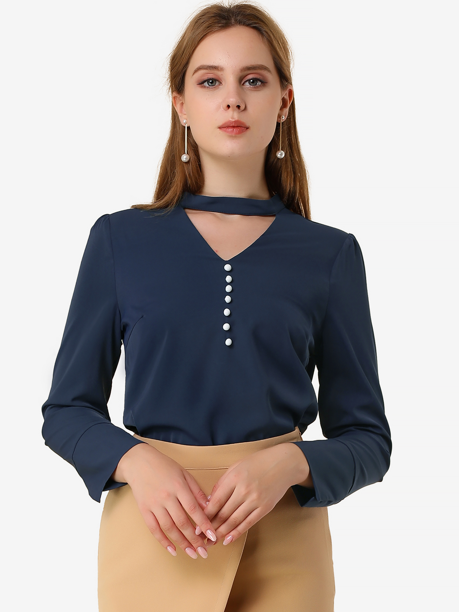 Choker Neck Cutout Button Decor Long Sleeve Chiffon Work Blouse Dark Blue/XL