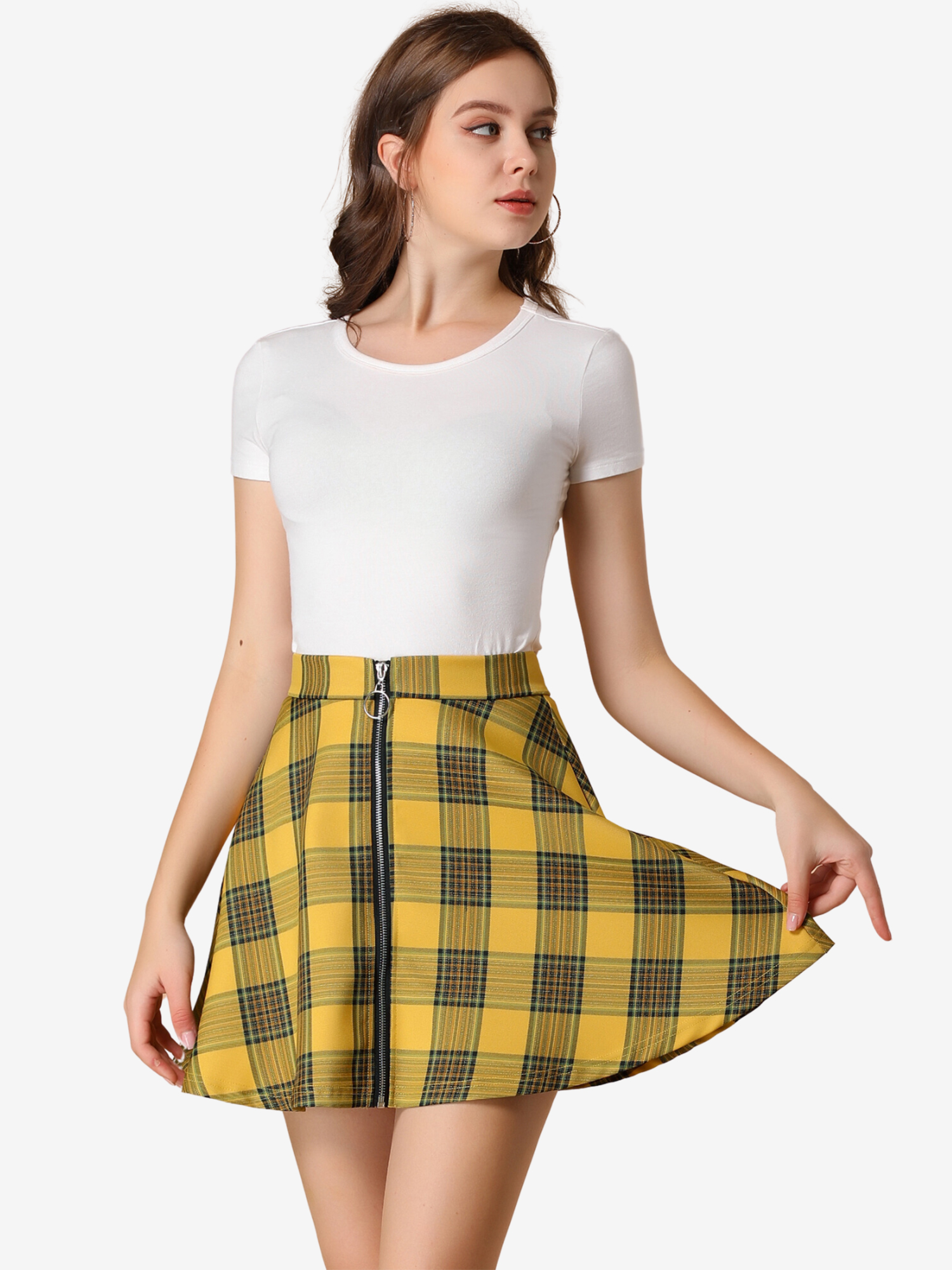 Christmas Plaid Skater Casual Flare Zip-Up Mini Skirt Yellow/L