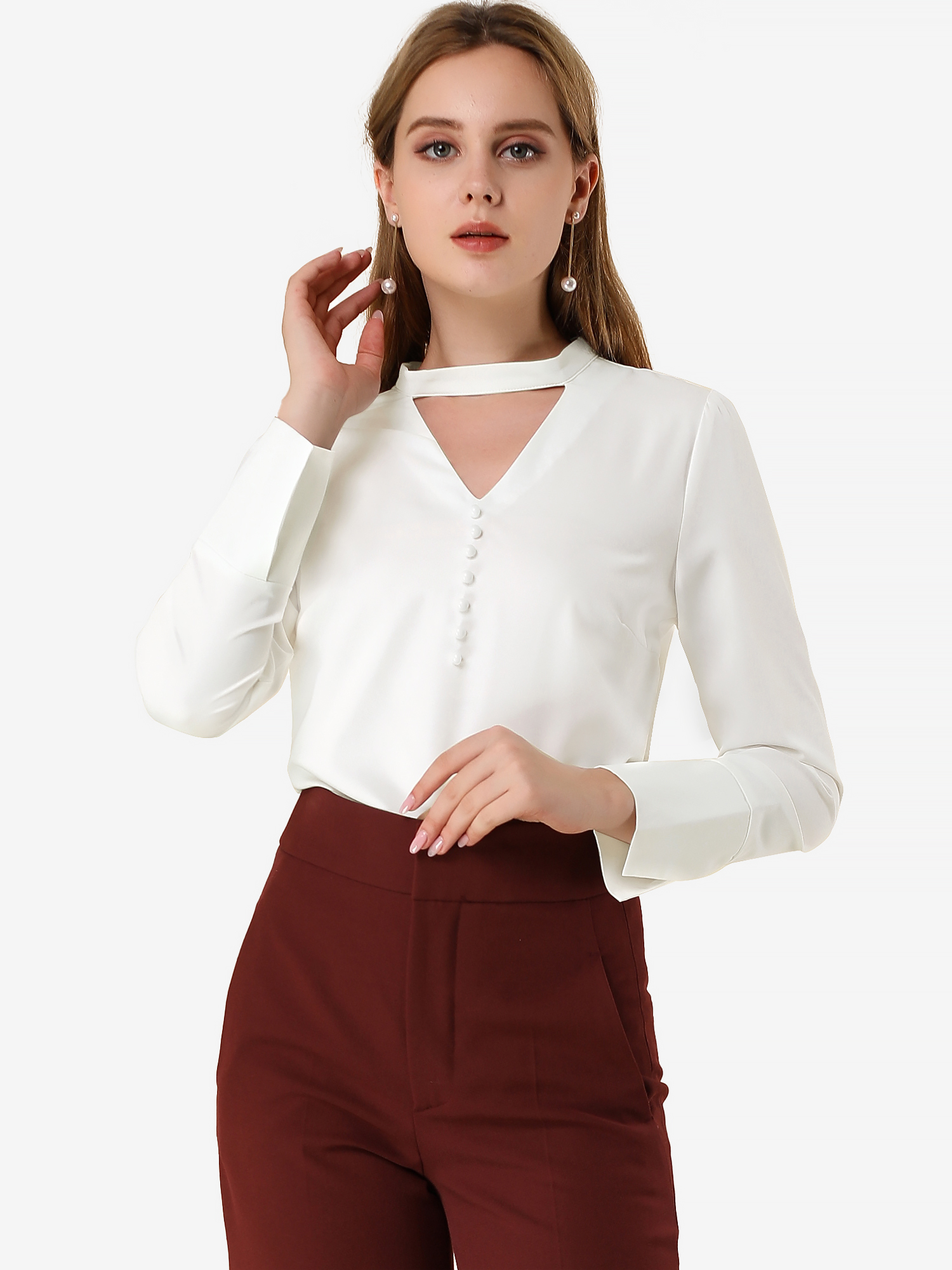 Choker Neck Cutout Button Decor Long Sleeve Chiffon Work Blouse White/M