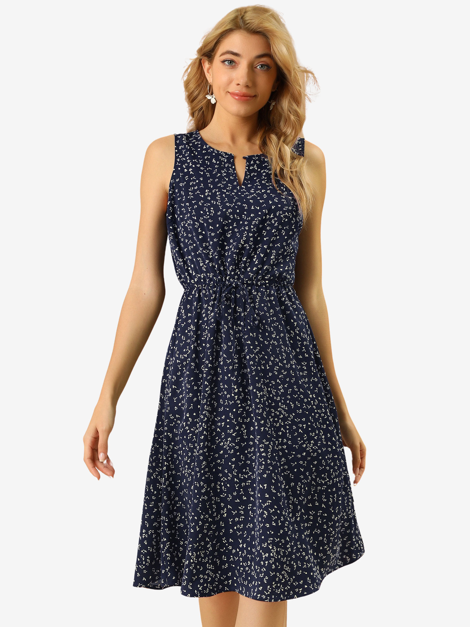 Floral Drawstring Waist Sleeveless A-Line Midi Dress Sundress Dark Blue/XL