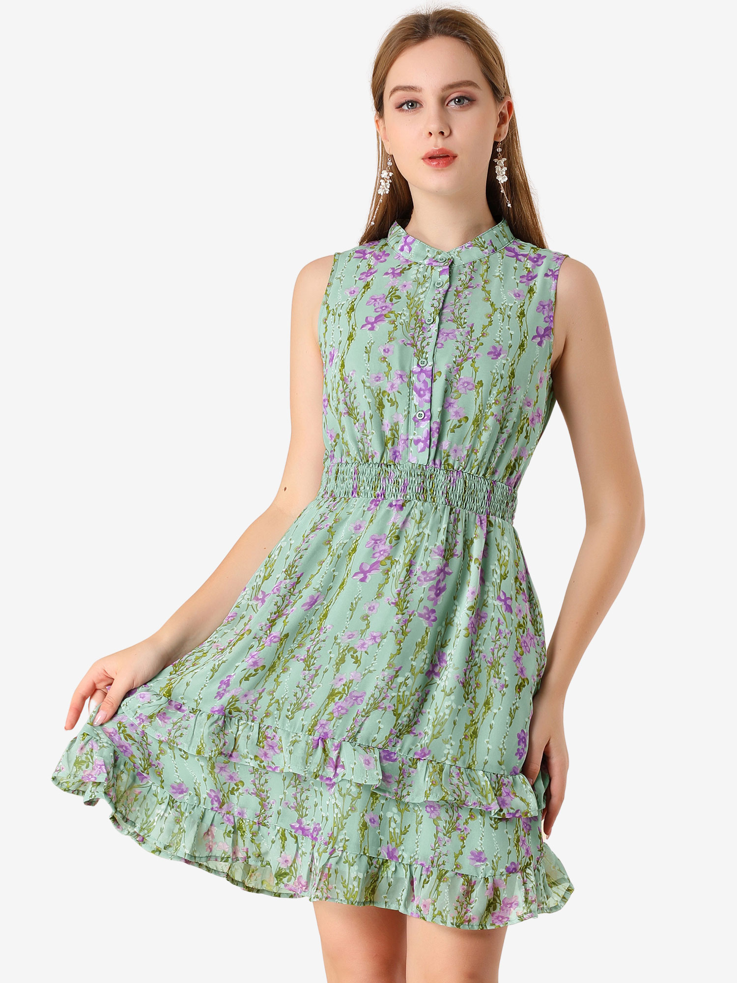 Floral A-line Smocked Waist Tiered Ruffled Chiffon Mini Dress Green/XL