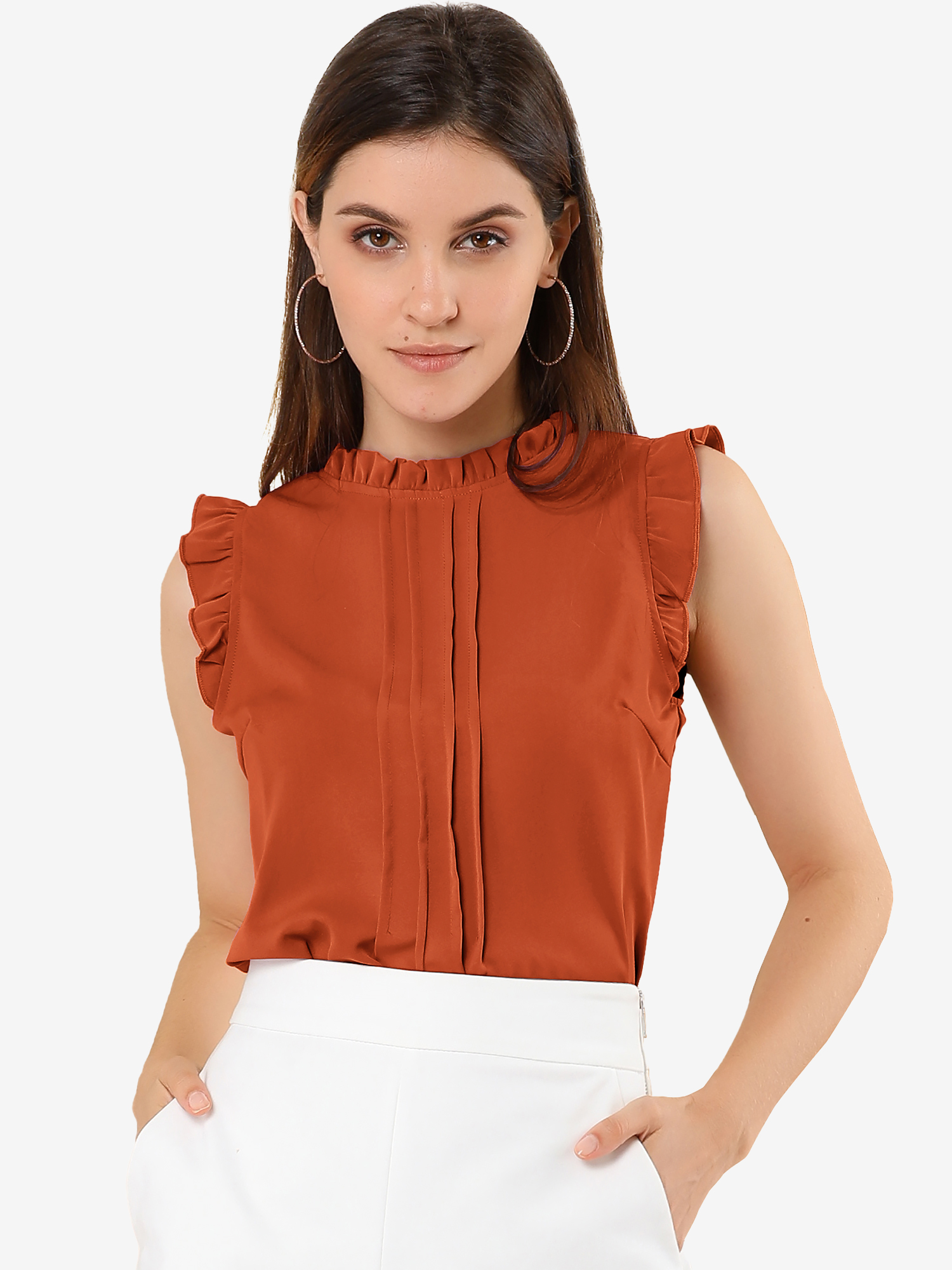 Ruffled Business Office 1950s Retro Sleeveless Work Blouses Dark Orange/XS