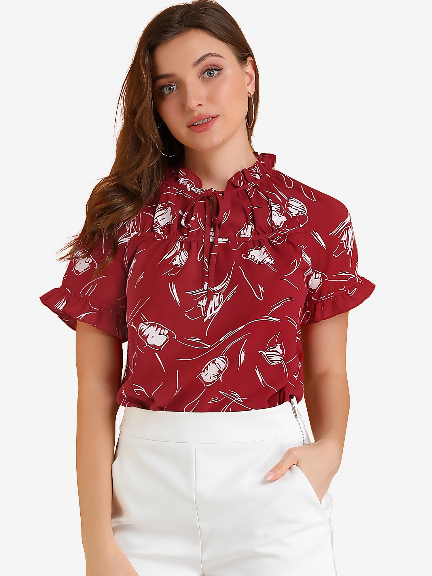 Floral Tie Neck Ruffle Short Sleeve Peasant Blouse Top Red/M