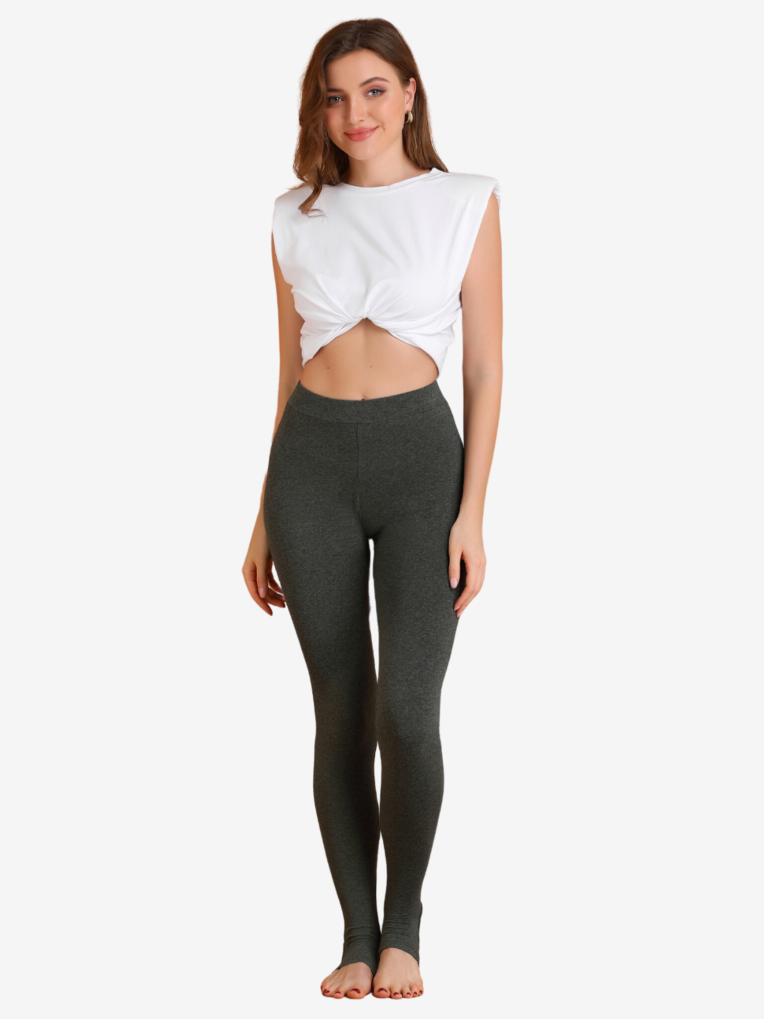 Elastic Waistband Gym Yoga Soft Cotton Stirrup Leggings Dark Grey/2XL