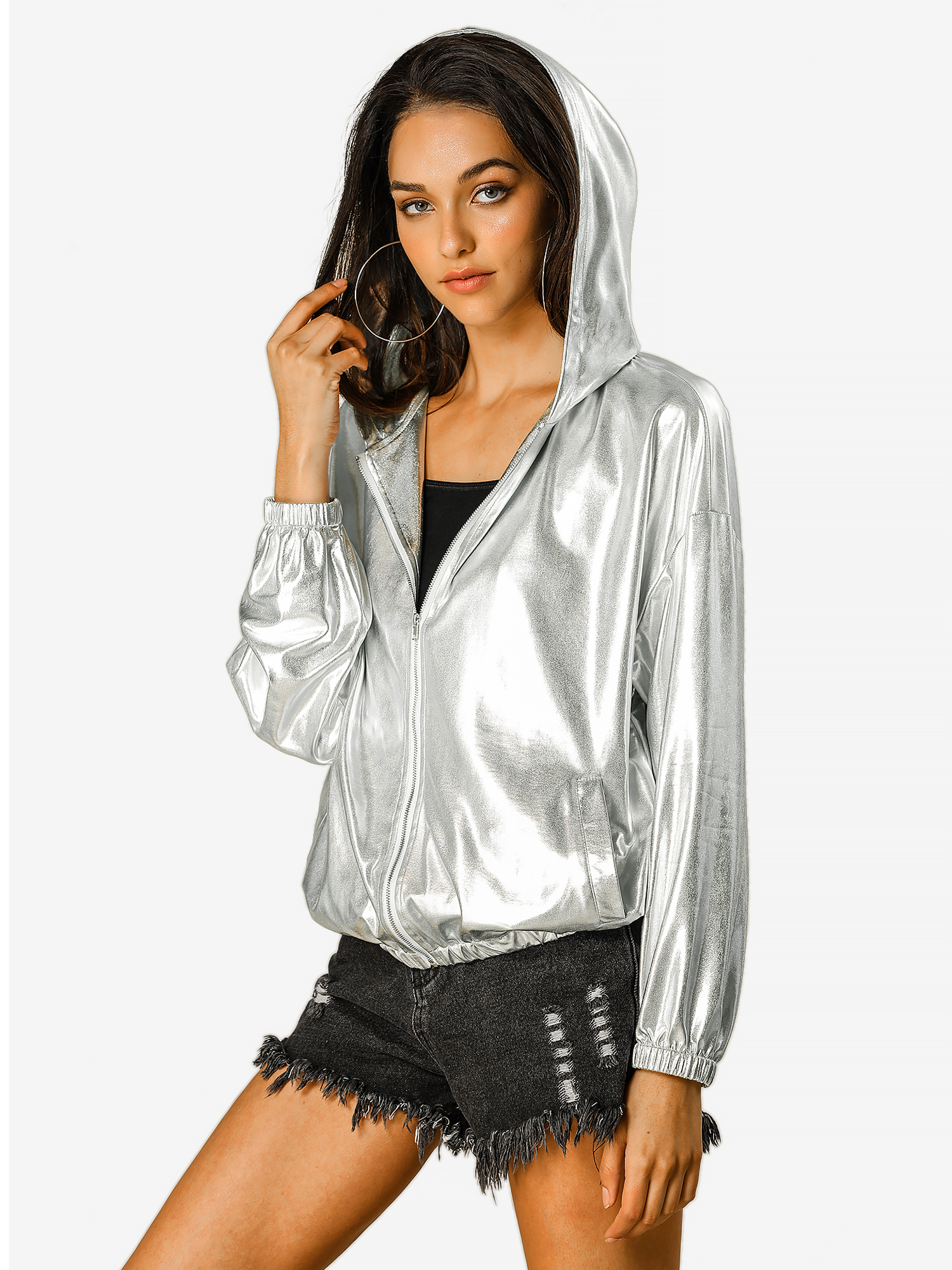 Holographic Party Shiny Lightweight Zipper Hooded Metallic Jacket Silver/3XL