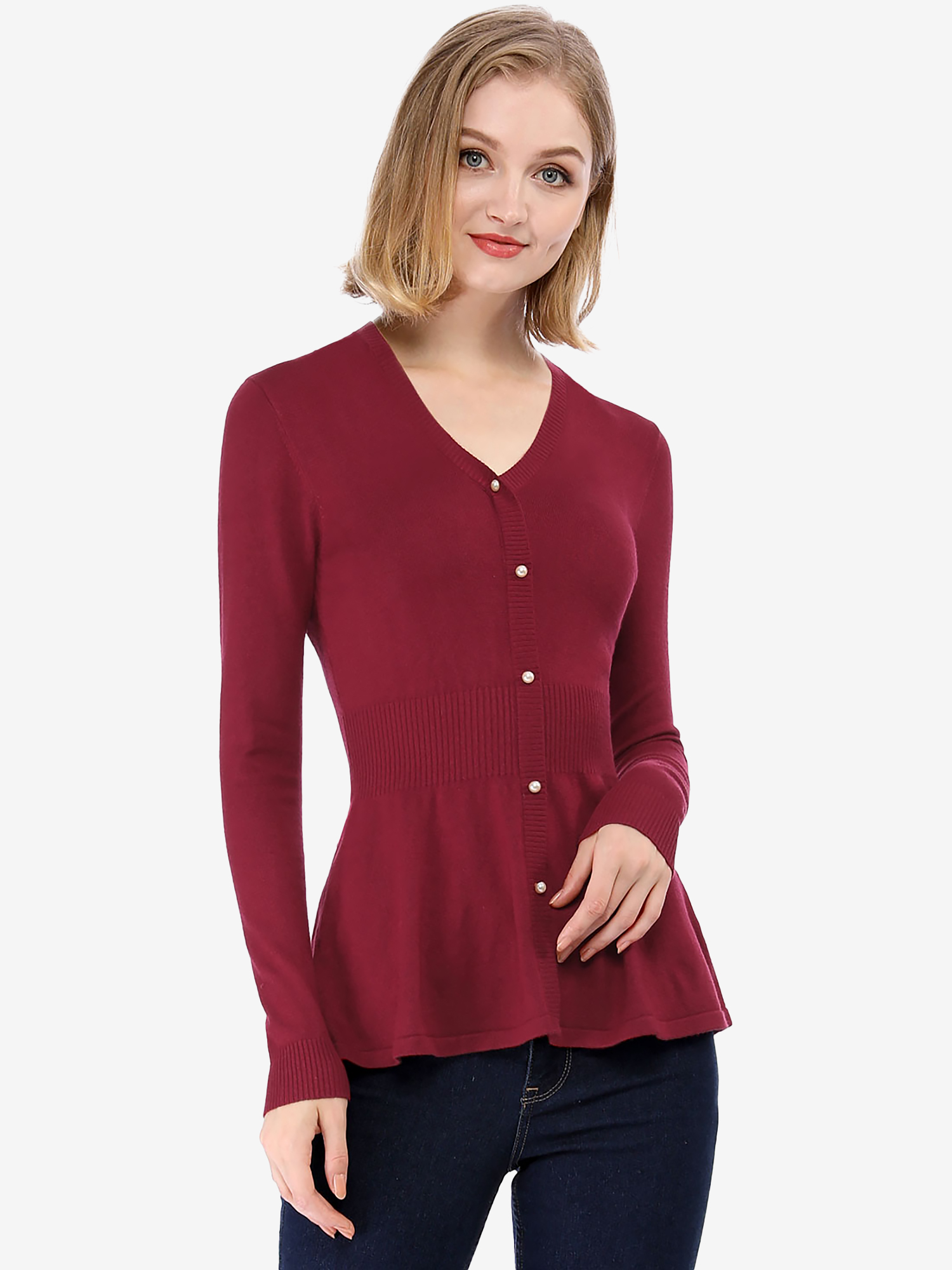 V Neck Long Sleeve Ribbed Pullover Knitted Peplum Top Burgundy/2XL