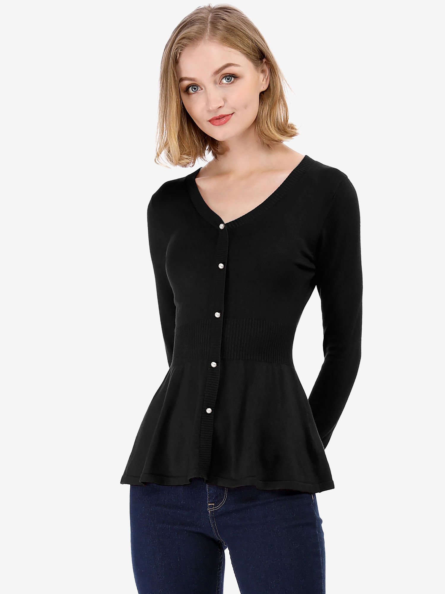 V Neck Long Sleeve Ribbed Pullover Knitted Peplum Top Black/3XL