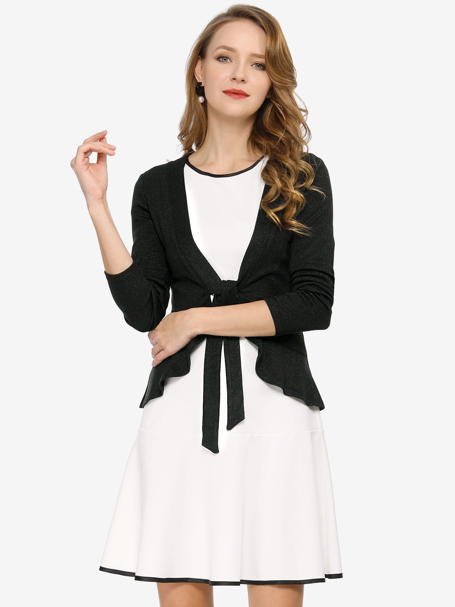 Women's Tie Front Knit Ruffled Long Sleeve Open Cardigan Black/3XL