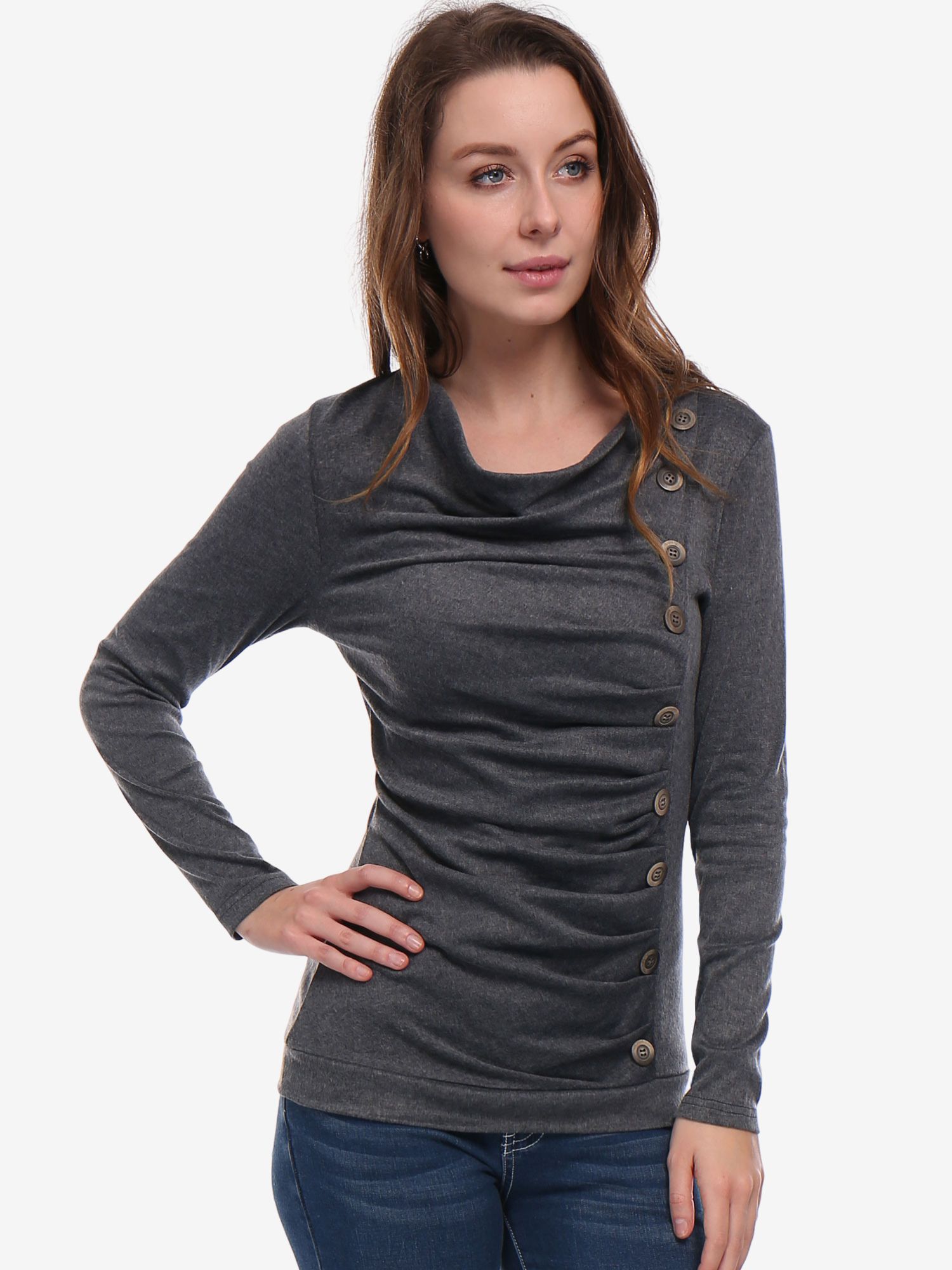 Cowl Neck Long Sleeve Button Decor Ruched Tunic Dark Gray/2XL