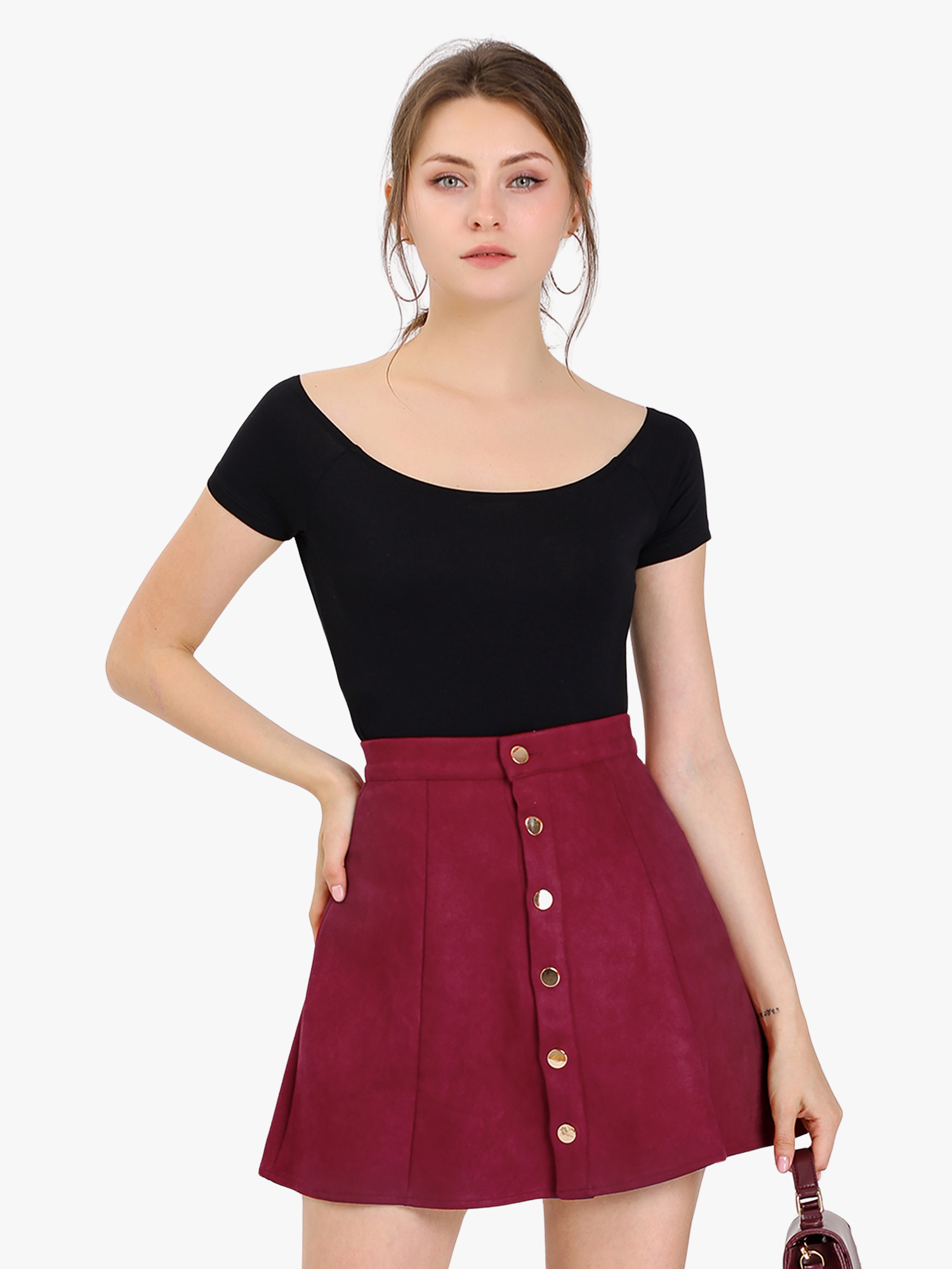 Faux Suede Button Closure A-Line High Waisted Short Skirt Wine Red/2XL