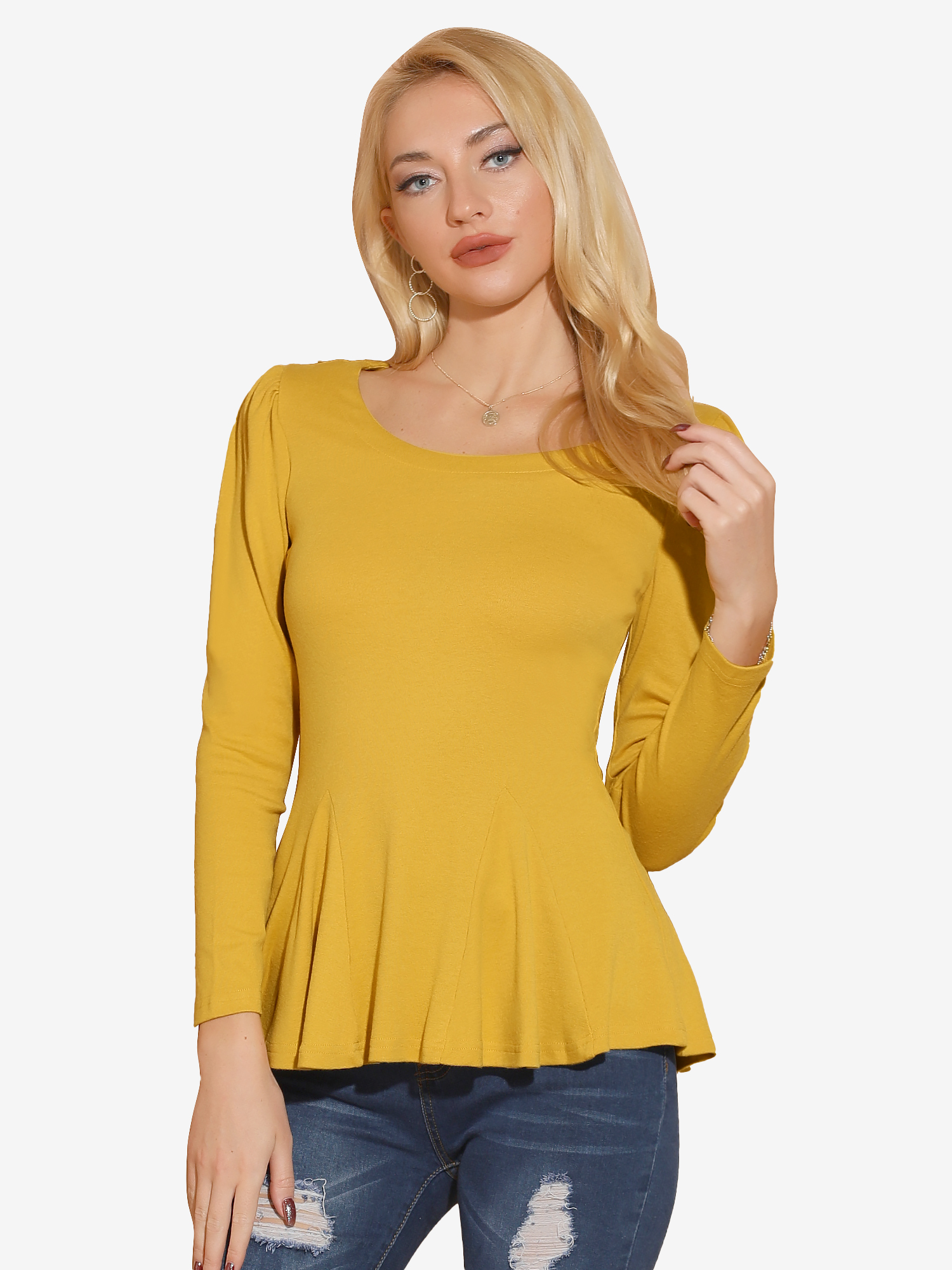 Long Sleeve Scoop Neck Casual Peplum Blouse Yellow/XS