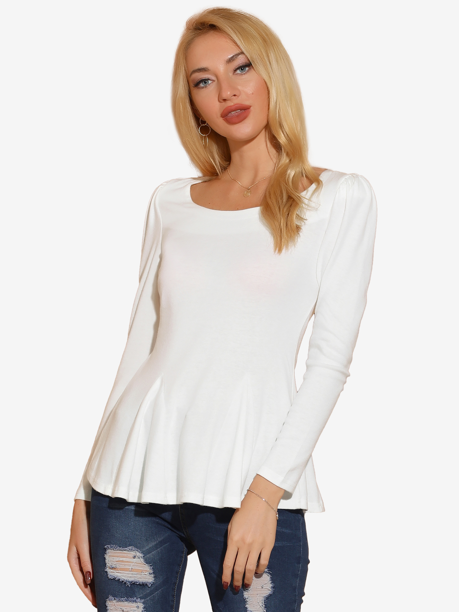 Long Sleeve Scoop Neck Casual Peplum Blouse White/S