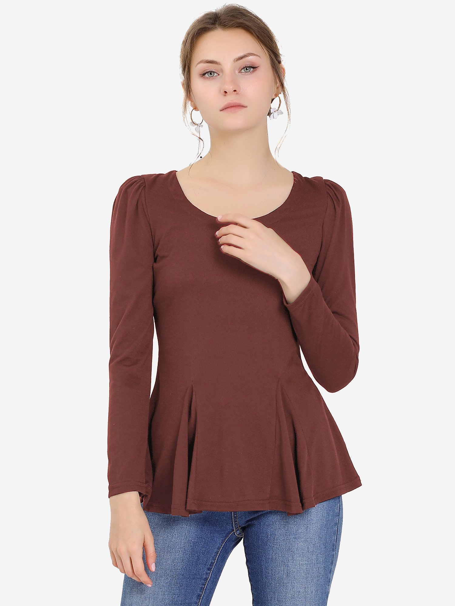 Long Sleeve Scoop Neck Casual Peplum Blouse Caramel/XS