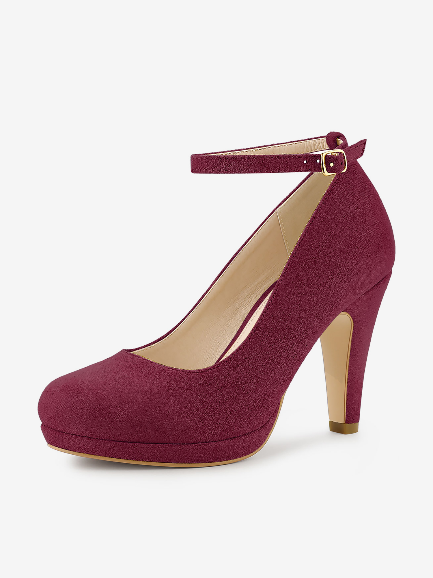 Round Toe Stiletto Heel Ankle Strap PU Leather Pumps Burgundy/8