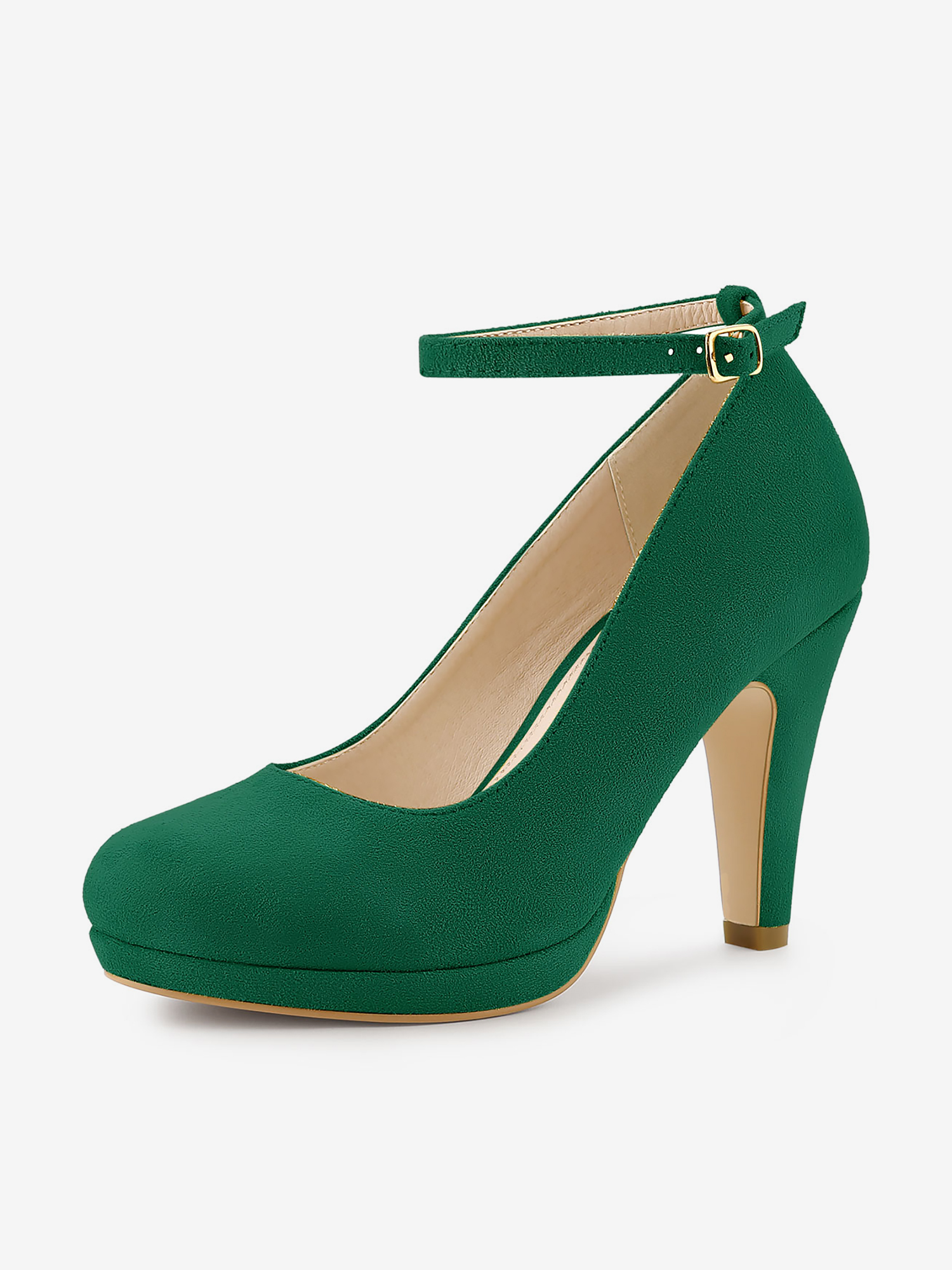 Round Toe Stiletto Heel Ankle Strap PU Leather Pumps Green/8.5