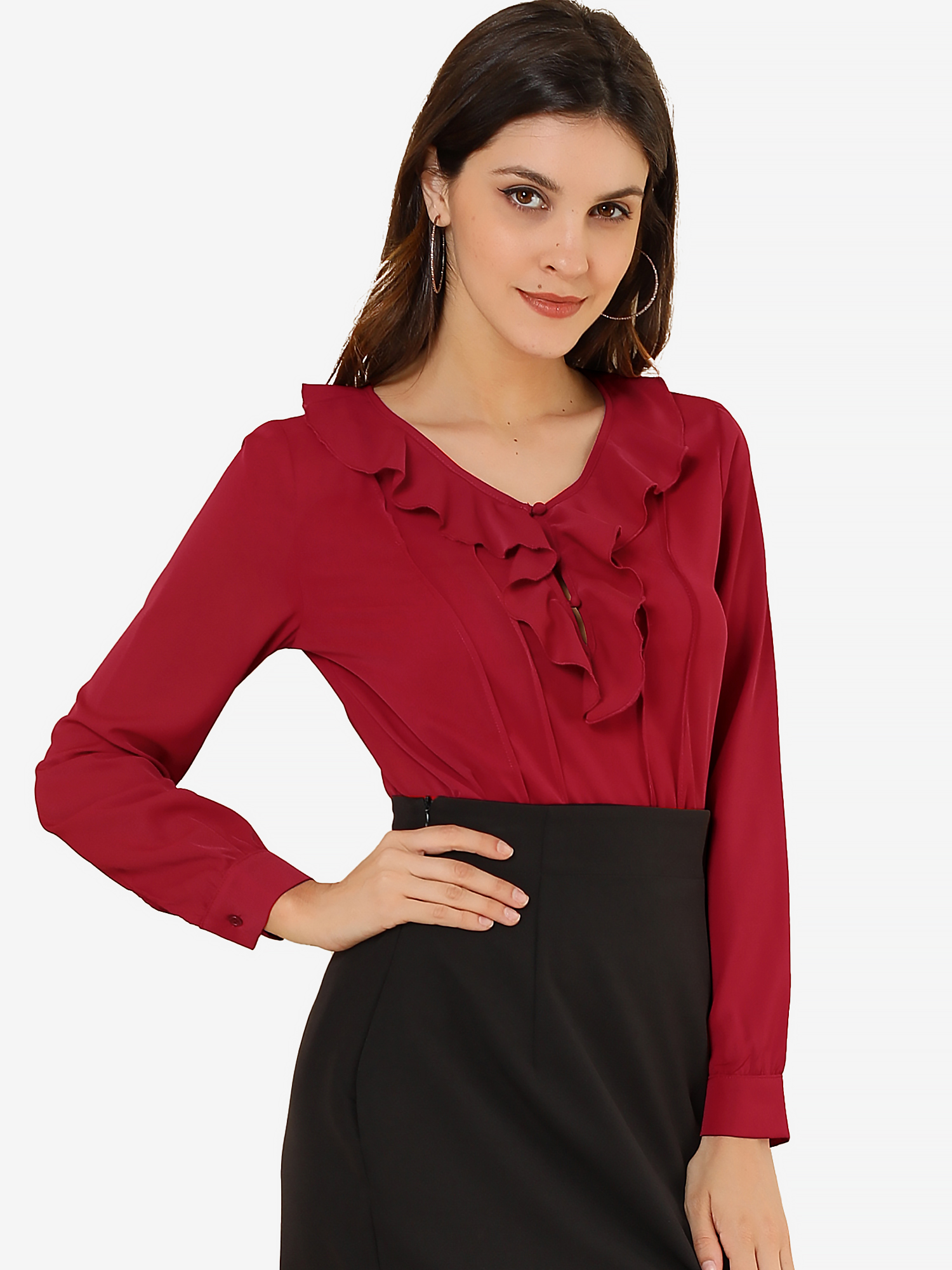 Ruffle Neck Pleated Business Casual Henley Button Up Peasant Blouse Dark Red/L