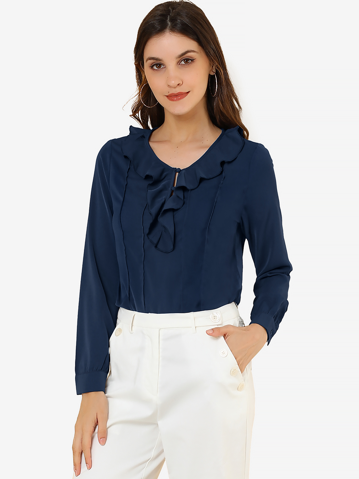 Ruffle Neck Pleated Business Casual Henley Button Up Peasant Blouse Dark Blue/M