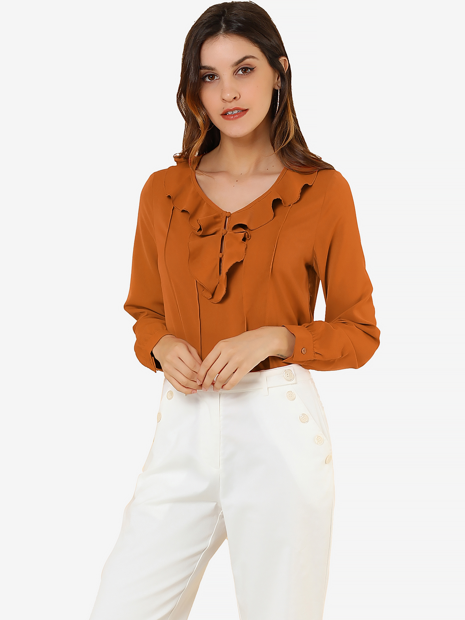 Ruffle Neck Pleated Business Casual Henley Button Up Peasant Blouse Caramel/M