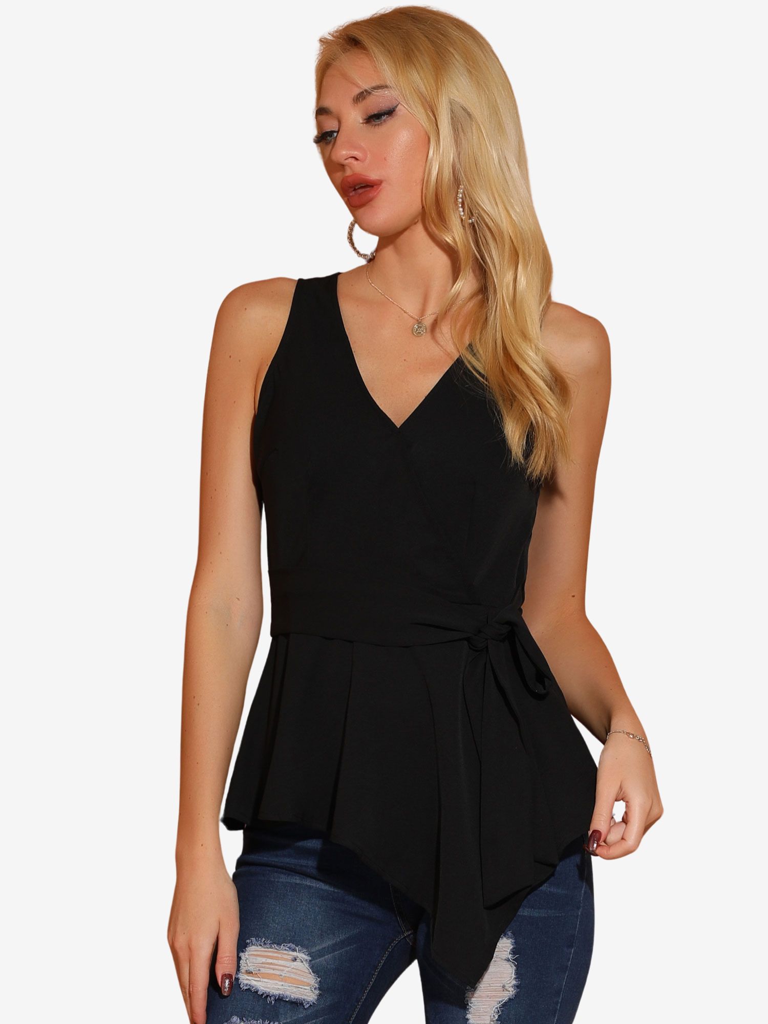 Summer Sleeveless V Neckline Wrap Elegant Tie Waist Top Black/M