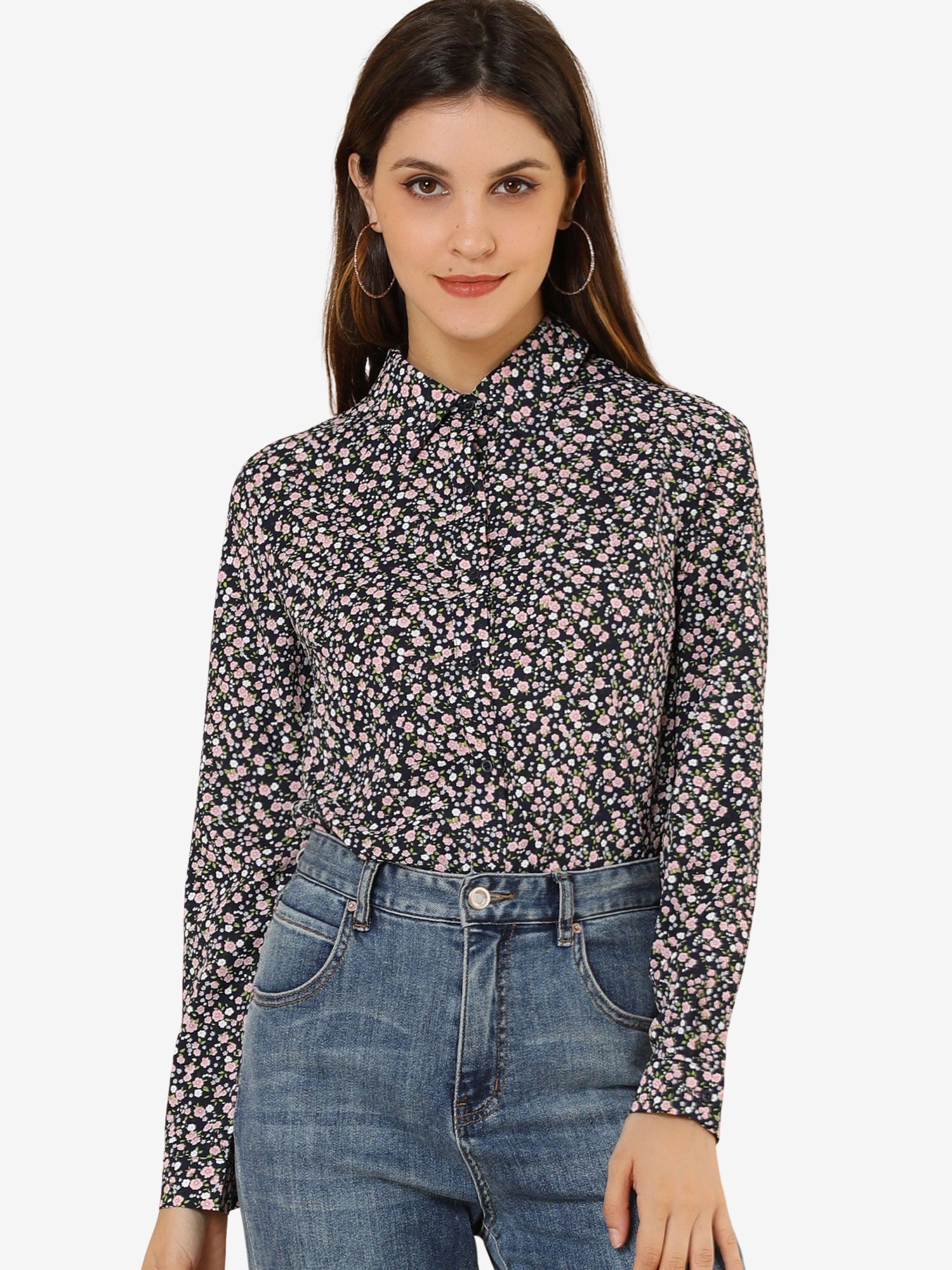 Button Down Floral Long Sleeve Point Collar Blouse Dark Blue/XL