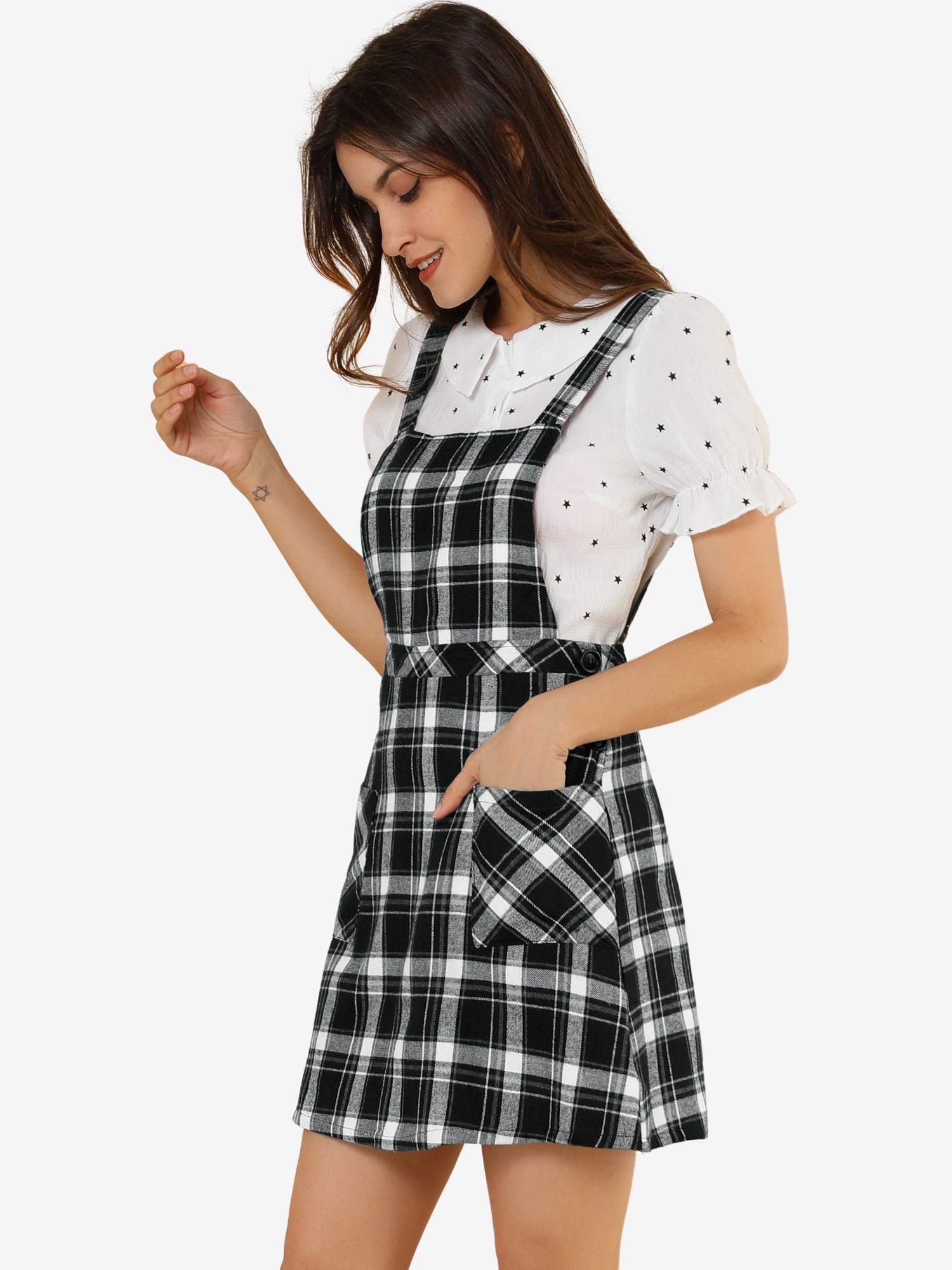 Plaid Tartan Button Decor A-Line Pinafore Overall Dress Black/M