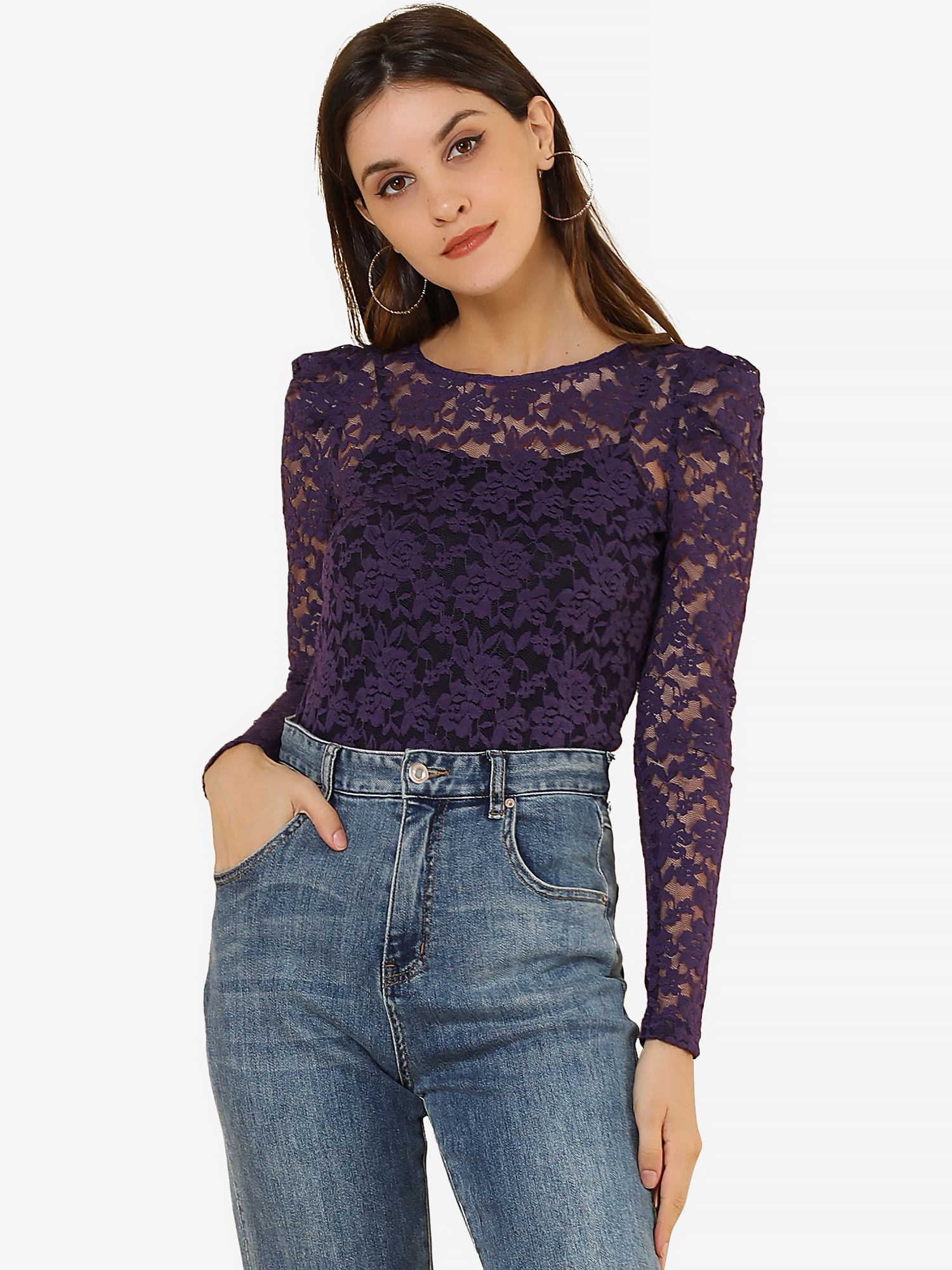 Retro Semi Sheer Puff Long Sleeve Embroidery Lace Blouse Purple/L